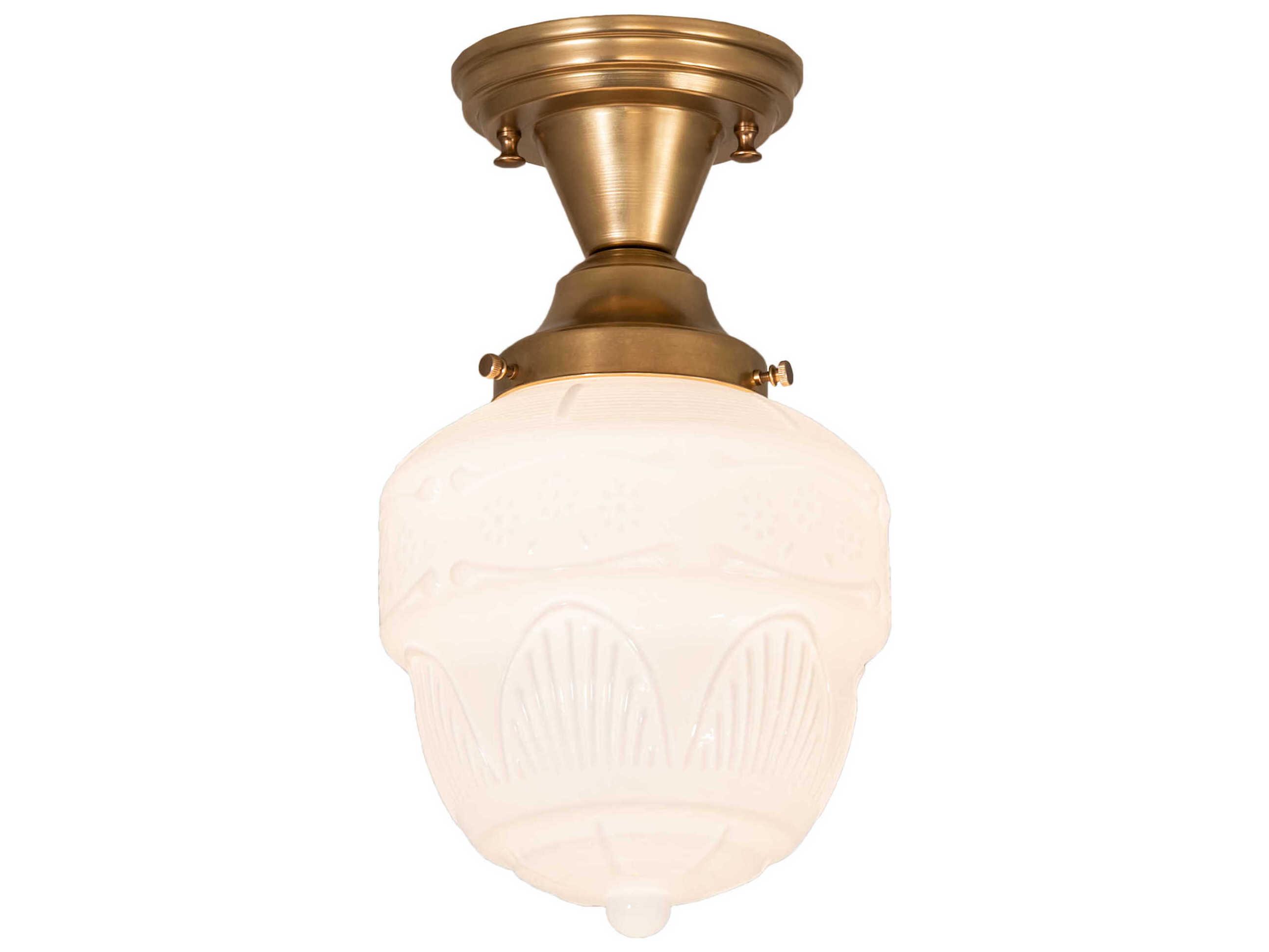 Meyda Revival Schoolhouse 1-Light Brass Black Glass Bell Flush Mount