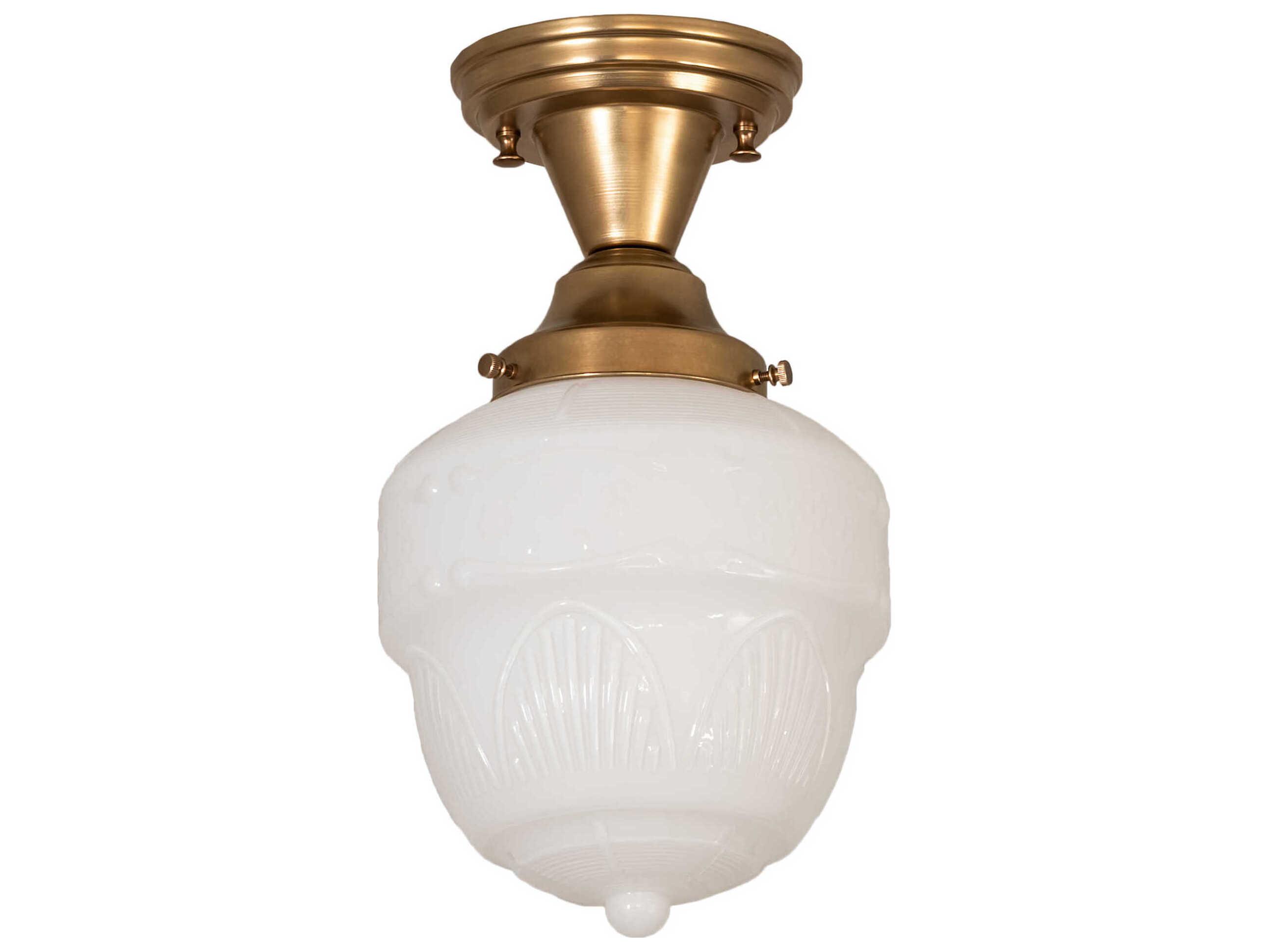 Meyda Revival Schoolhouse 1-Light Brass Black Glass Bell Flush Mount