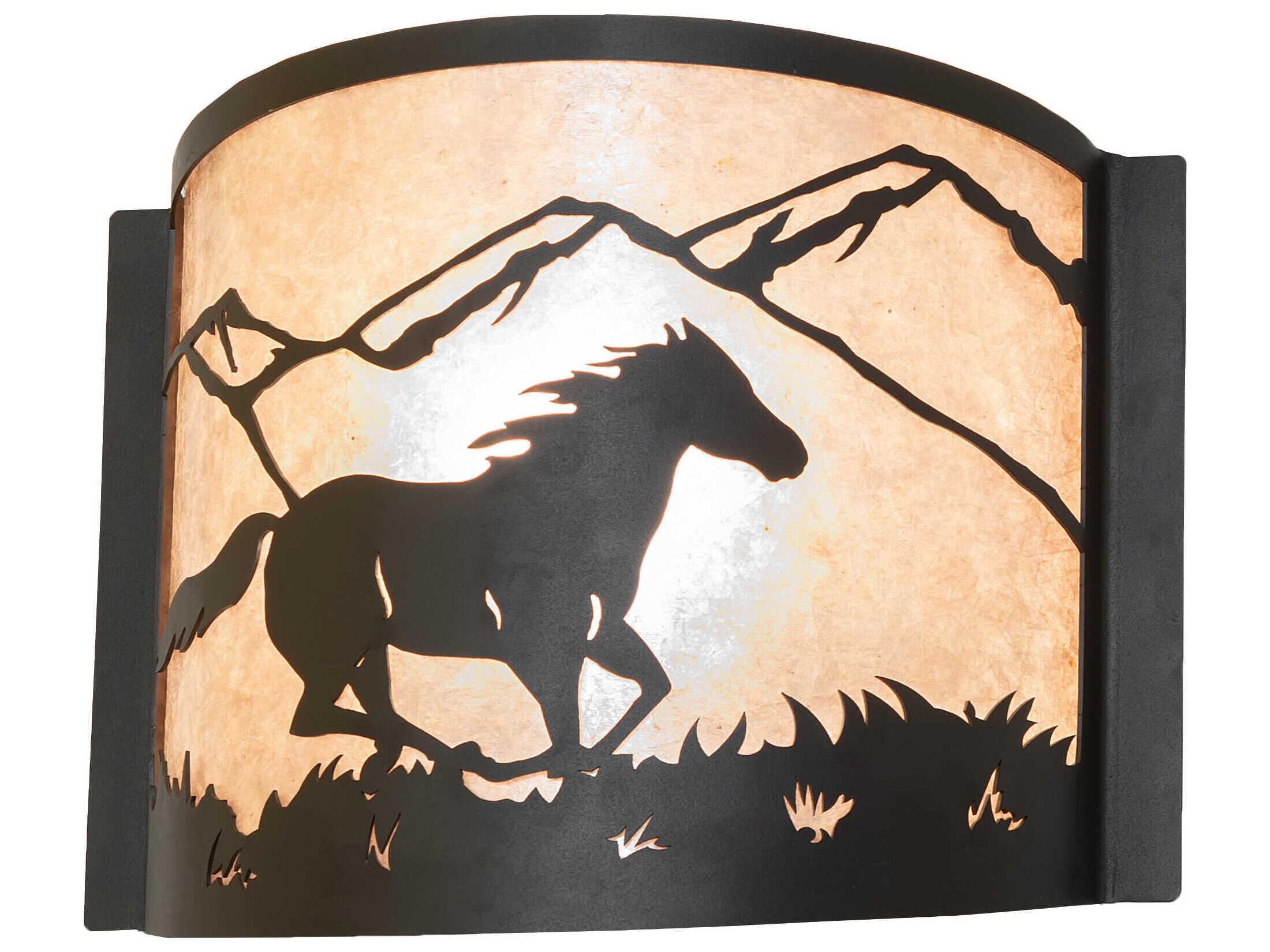 Meyda Running Horse 1-Light Wrought Iron Black Glass Wall Sconce