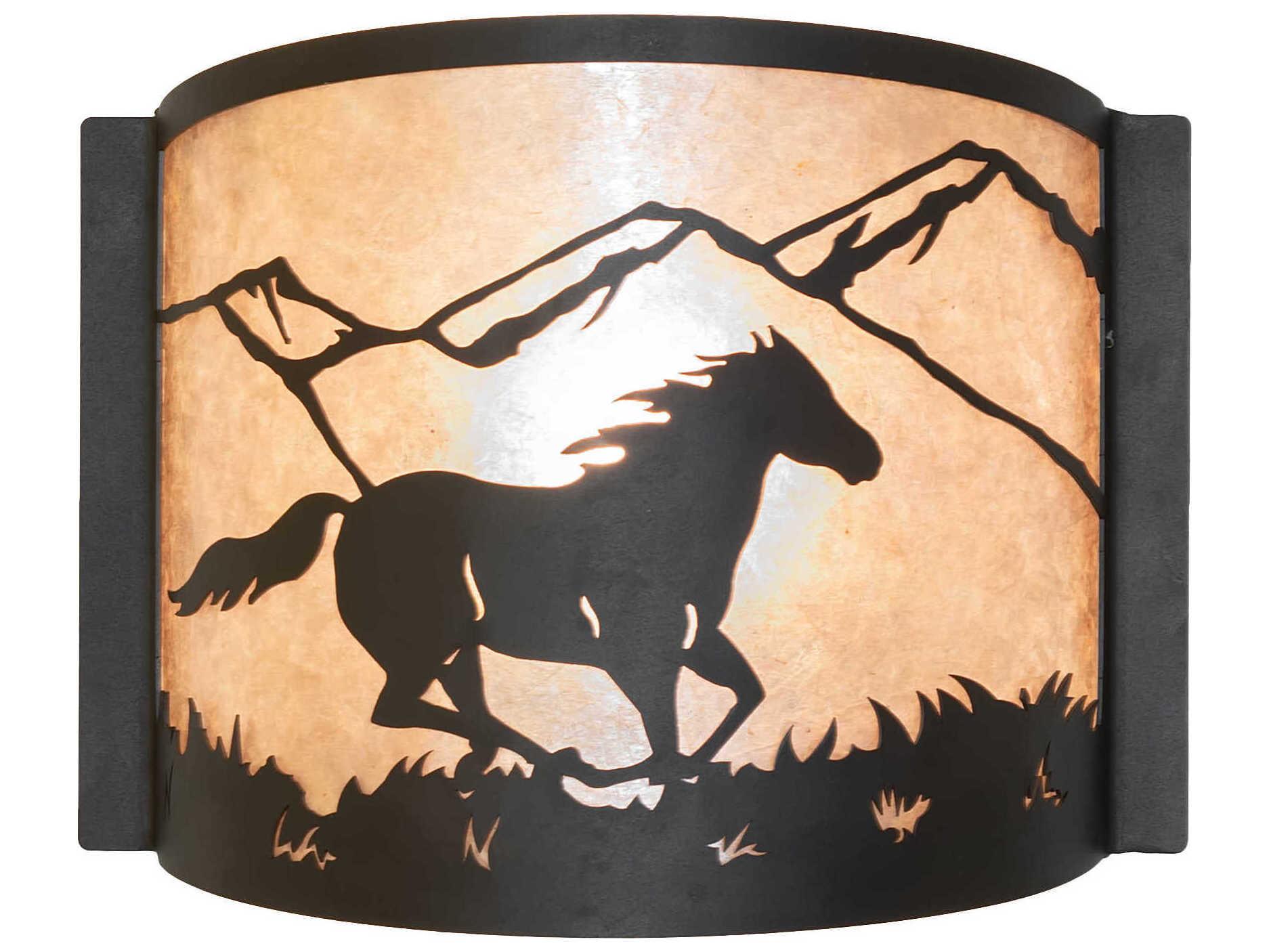 Meyda Running Horse 1-Light Wrought Iron Black Glass Wall Sconce