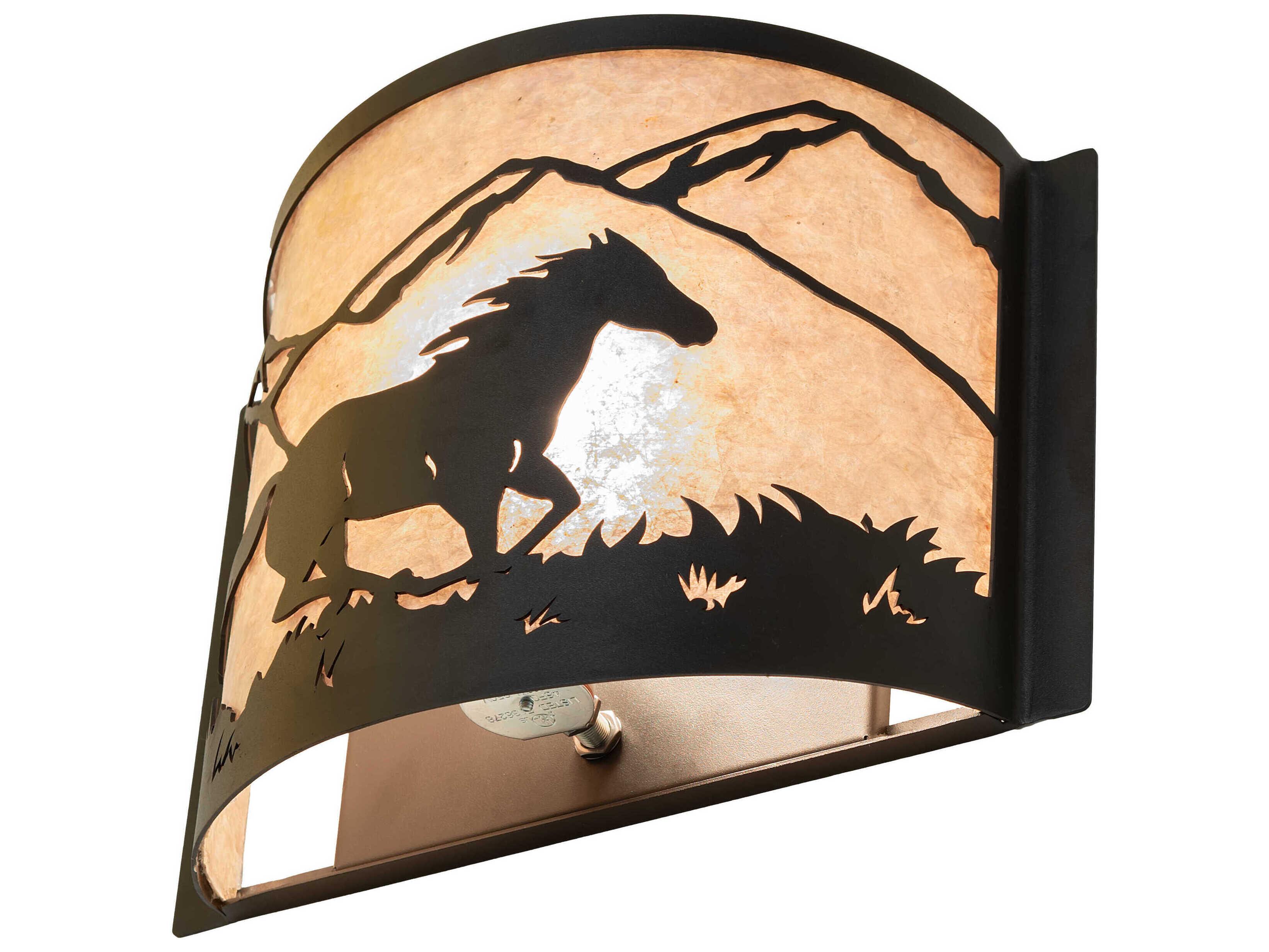Meyda Running Horse 1-Light Wrought Iron Black Glass Wall Sconce