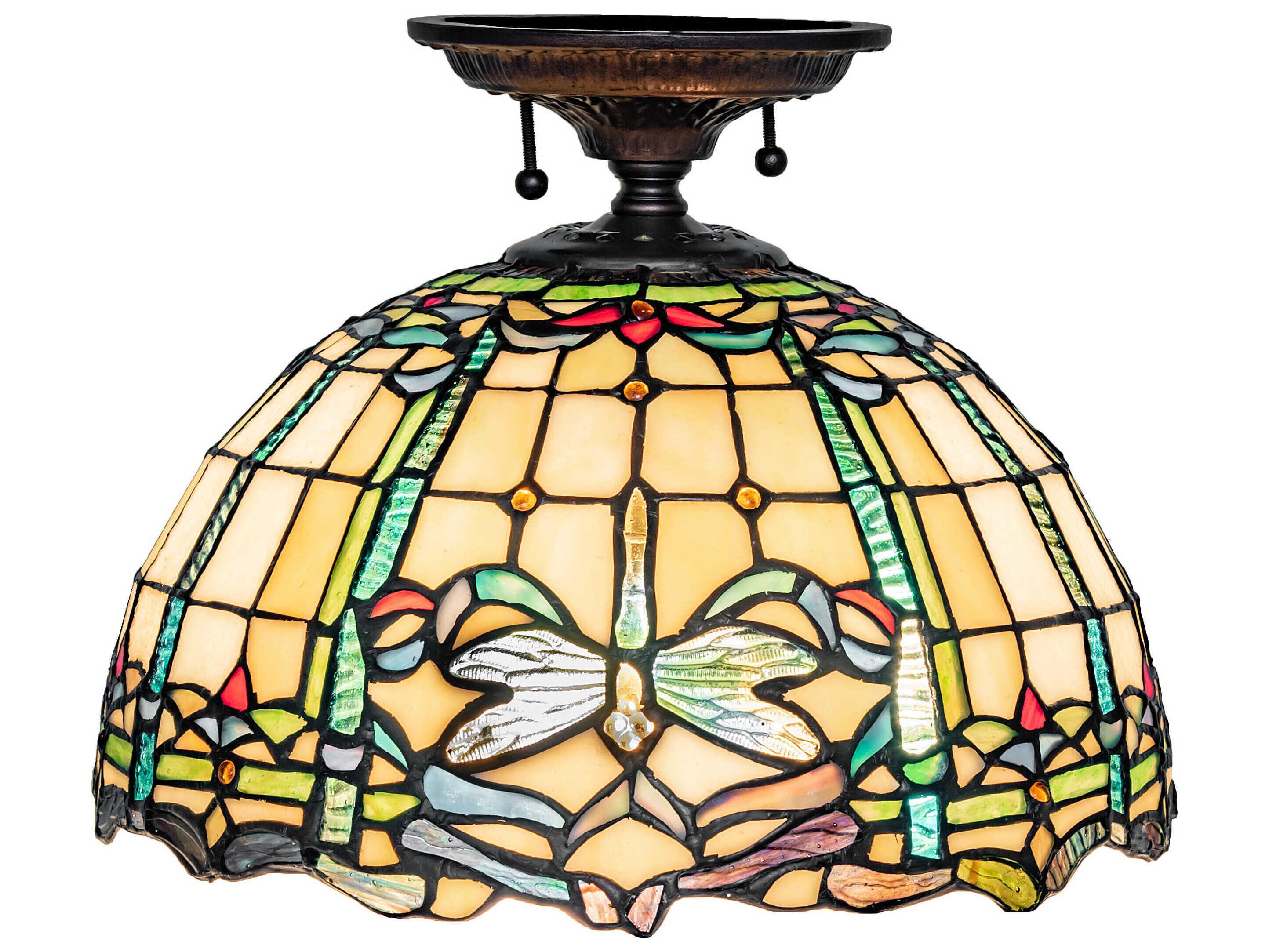 Meyda Tiffany Dragonfly 3-Light Mahogany Bronze Glass Dome Semi Flush Mount