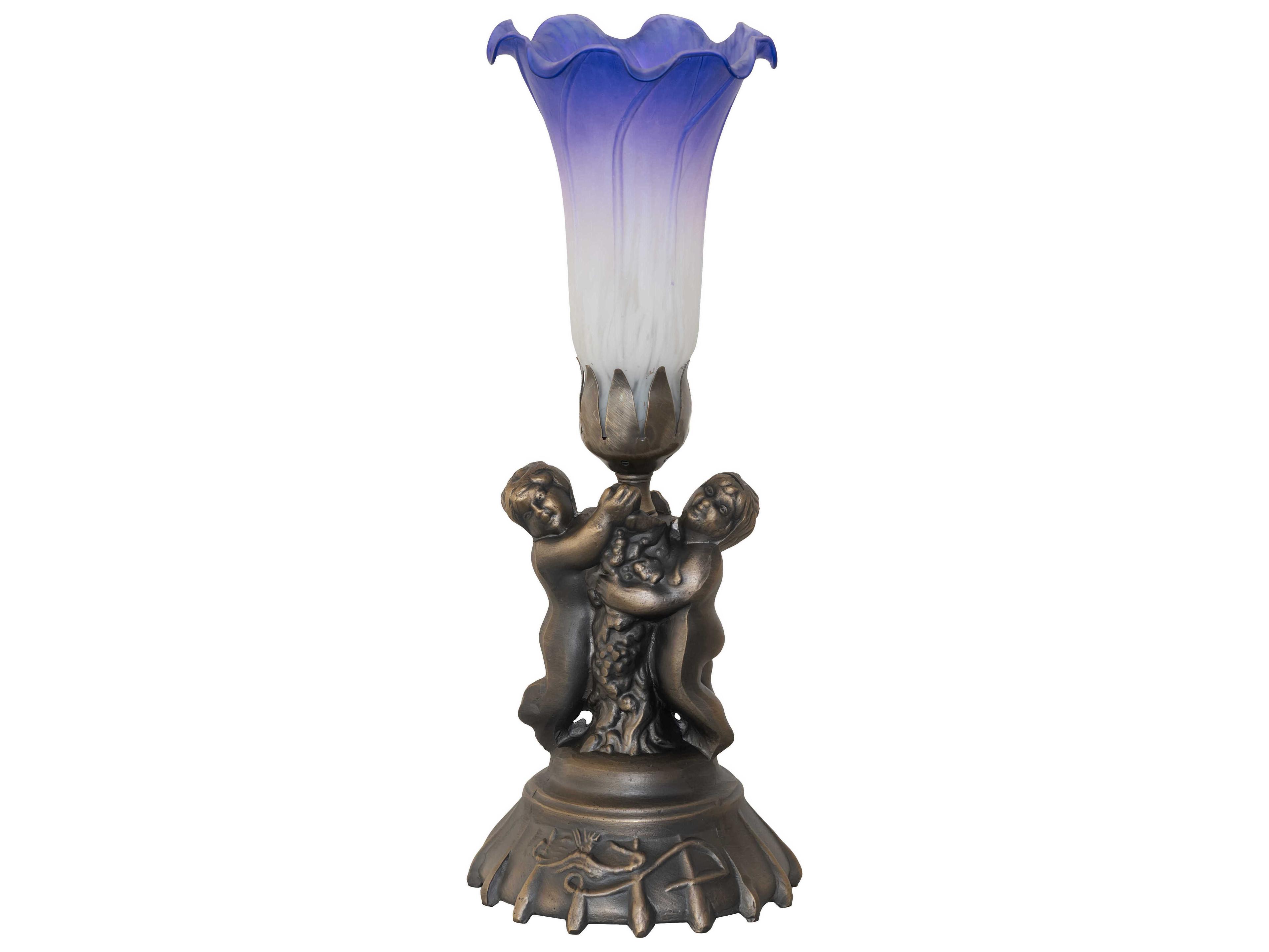 Meyda Pond Lily Antique Brass Blue Glass Table Lamp with White Shade