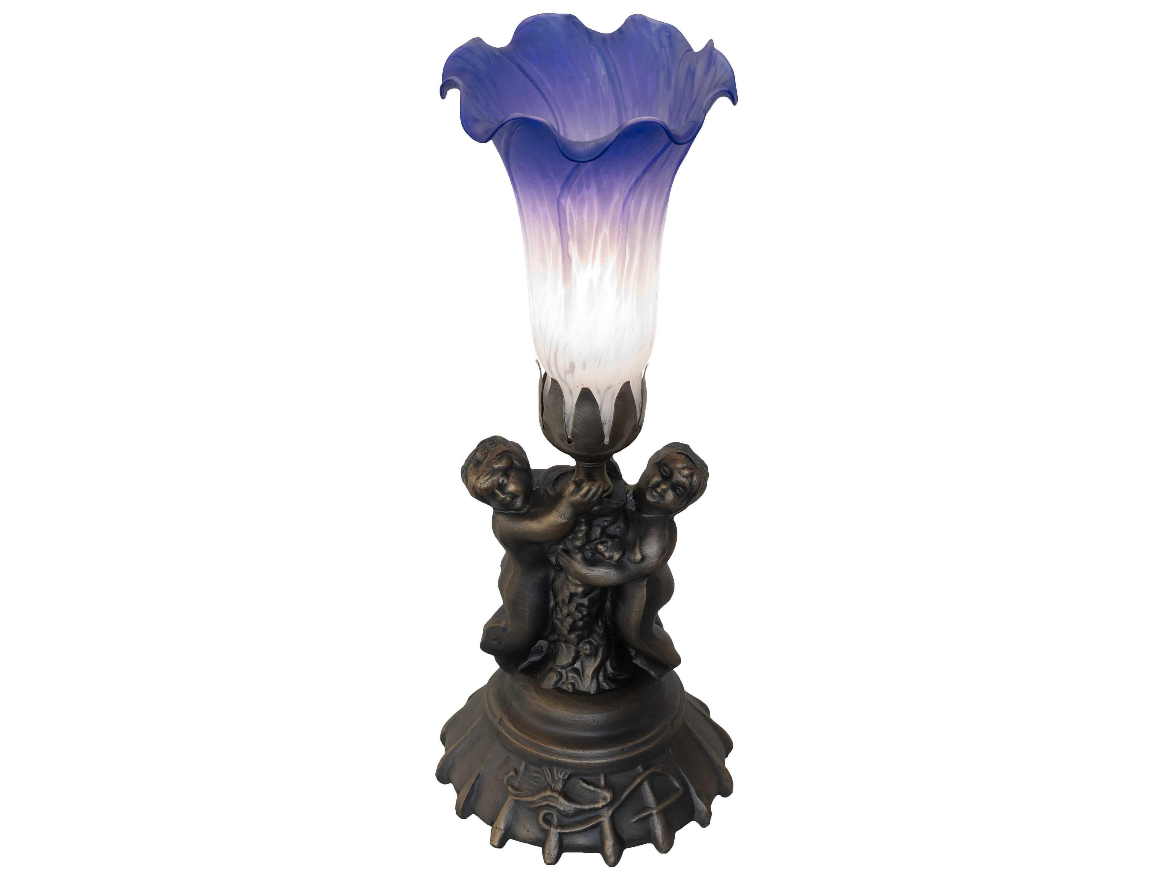 Meyda Pond Lily Antique Brass Blue Glass Table Lamp with White Shade