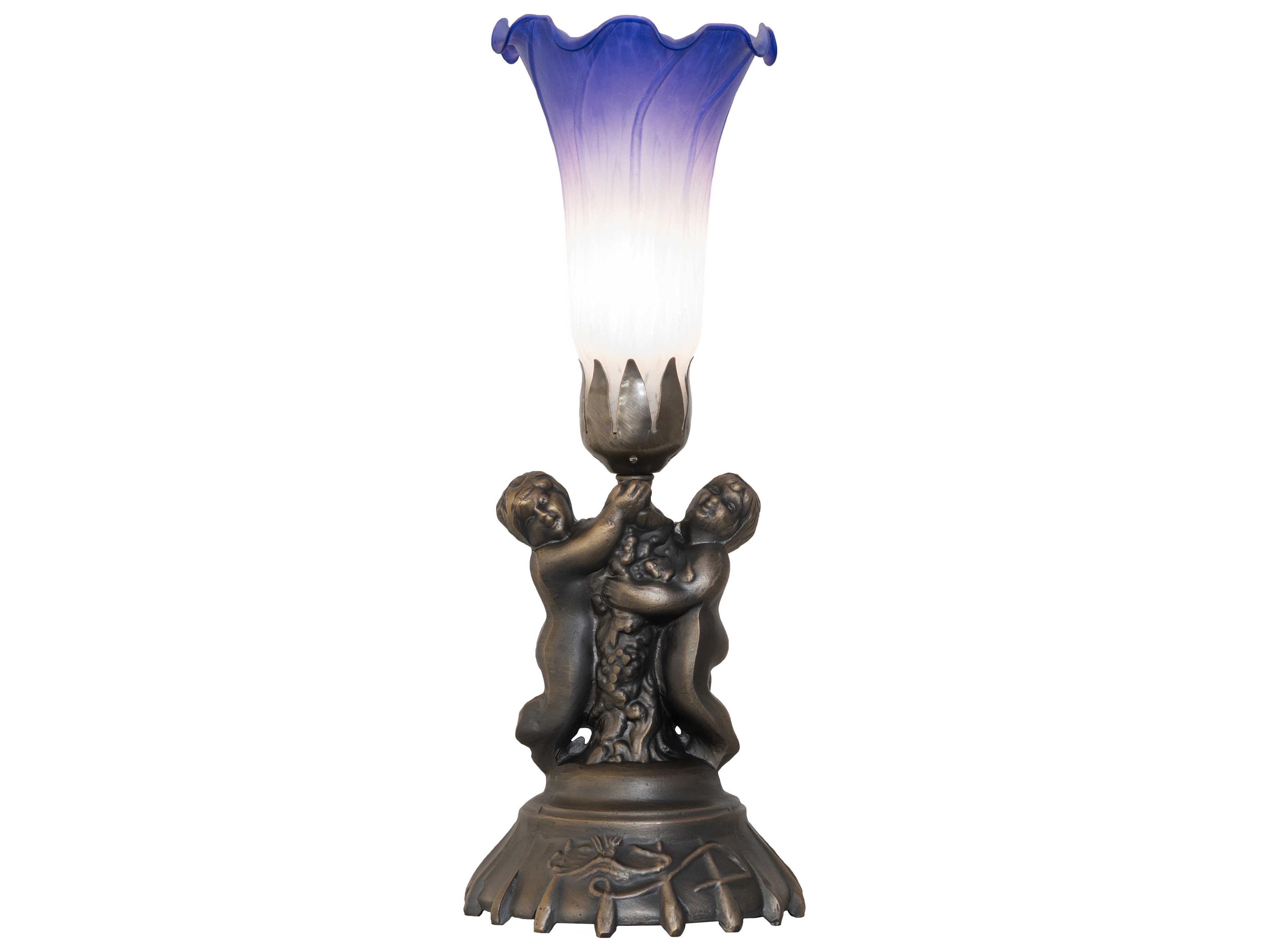 Meyda Pond Lily Antique Brass Blue Glass Table Lamp with White Shade