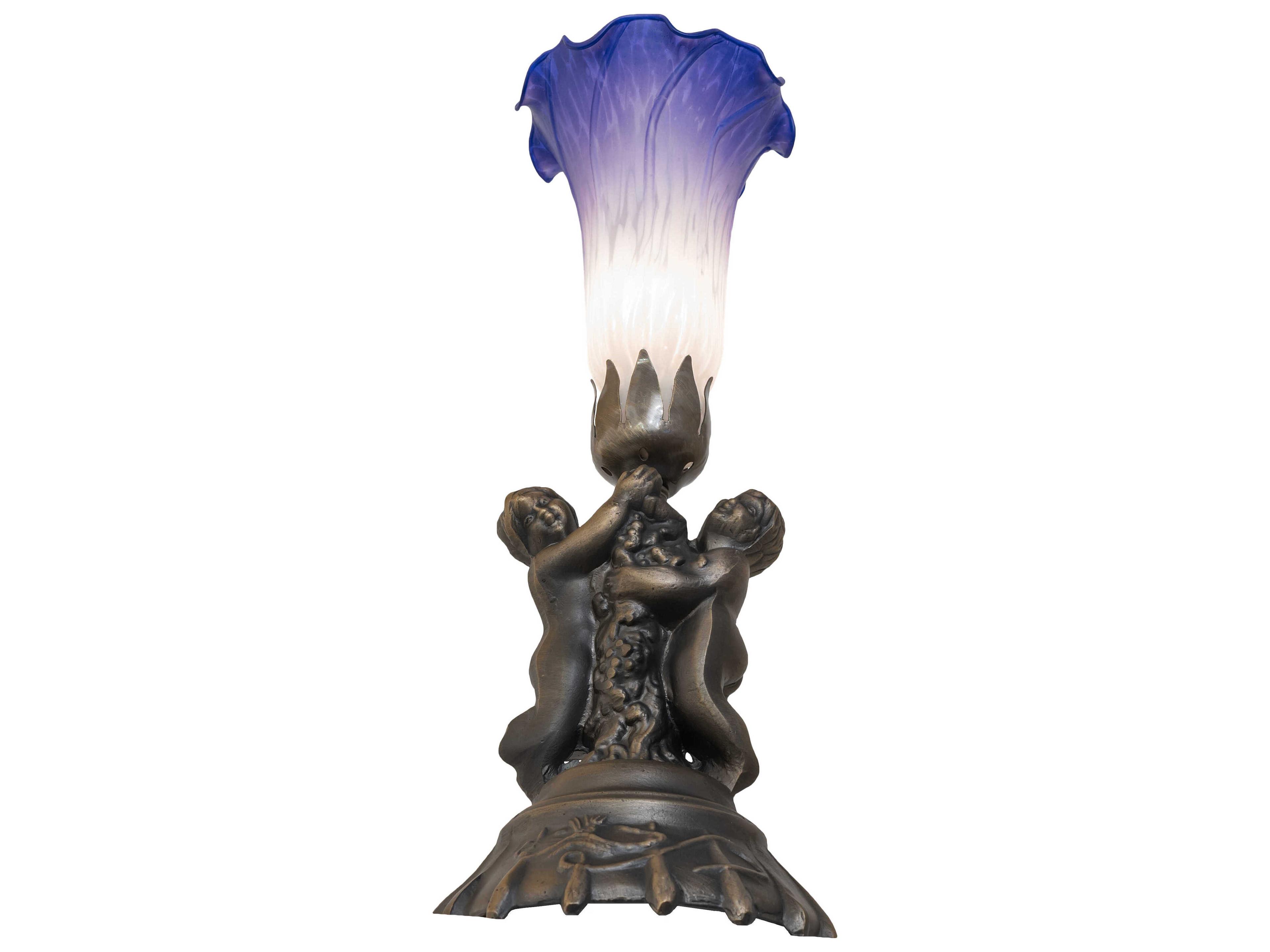 Meyda Pond Lily Antique Brass Blue Glass Table Lamp with White Shade