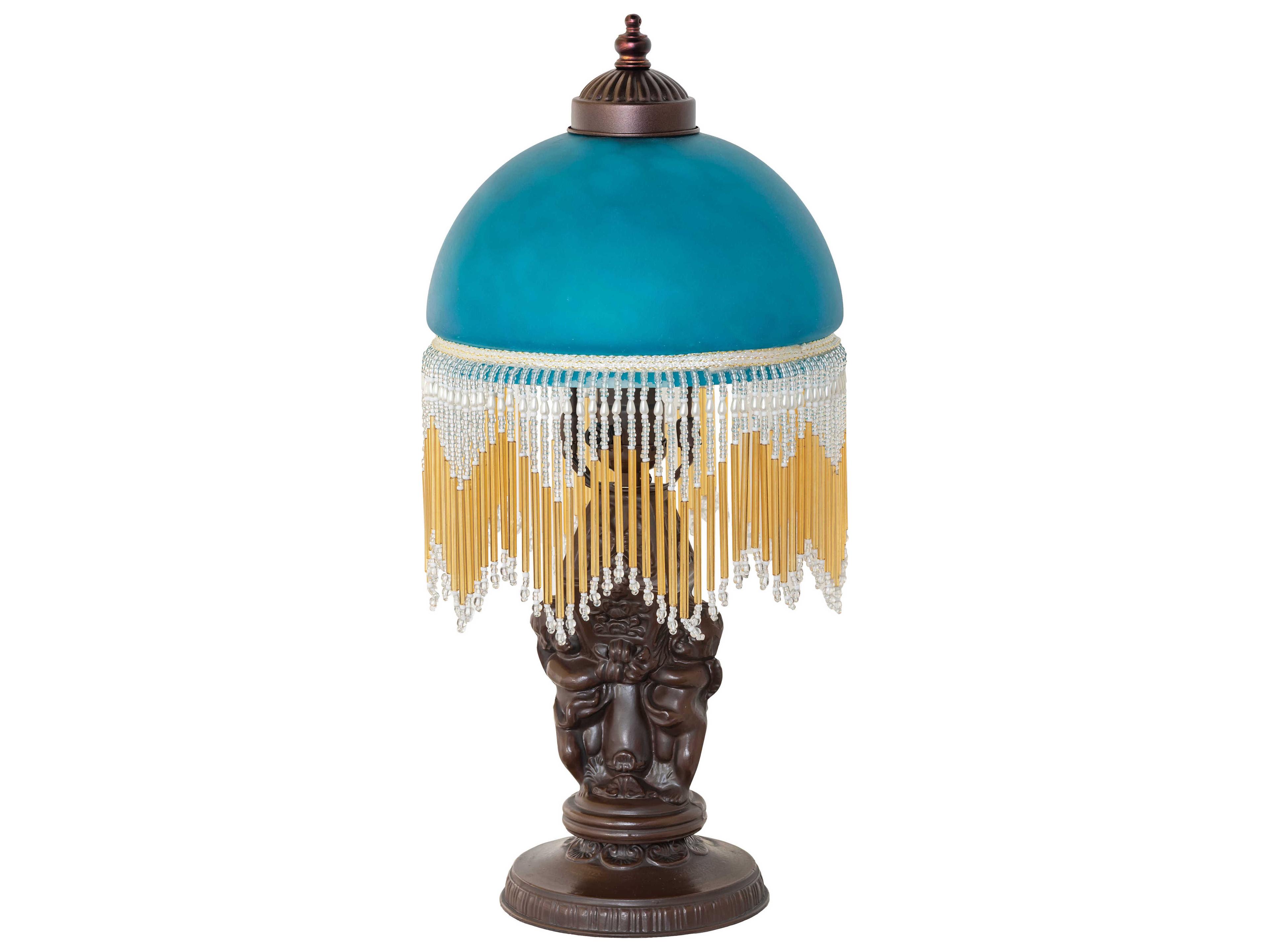 Meyda Roussillon Cherub Mahogany Bronze Teal Glass Table Lamp with Shade