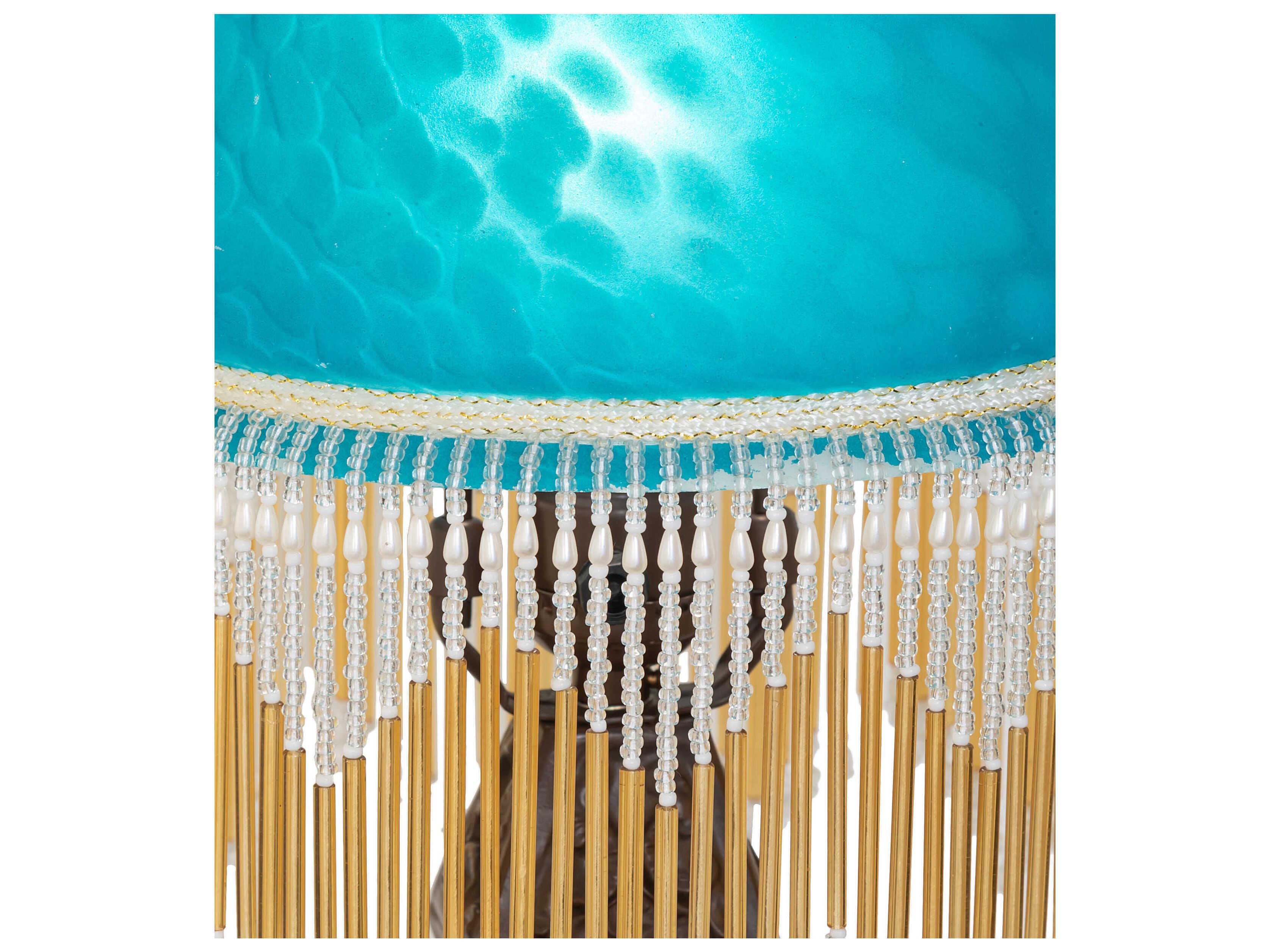 Meyda Roussillon Cherub Mahogany Bronze Teal Glass Table Lamp with Shade