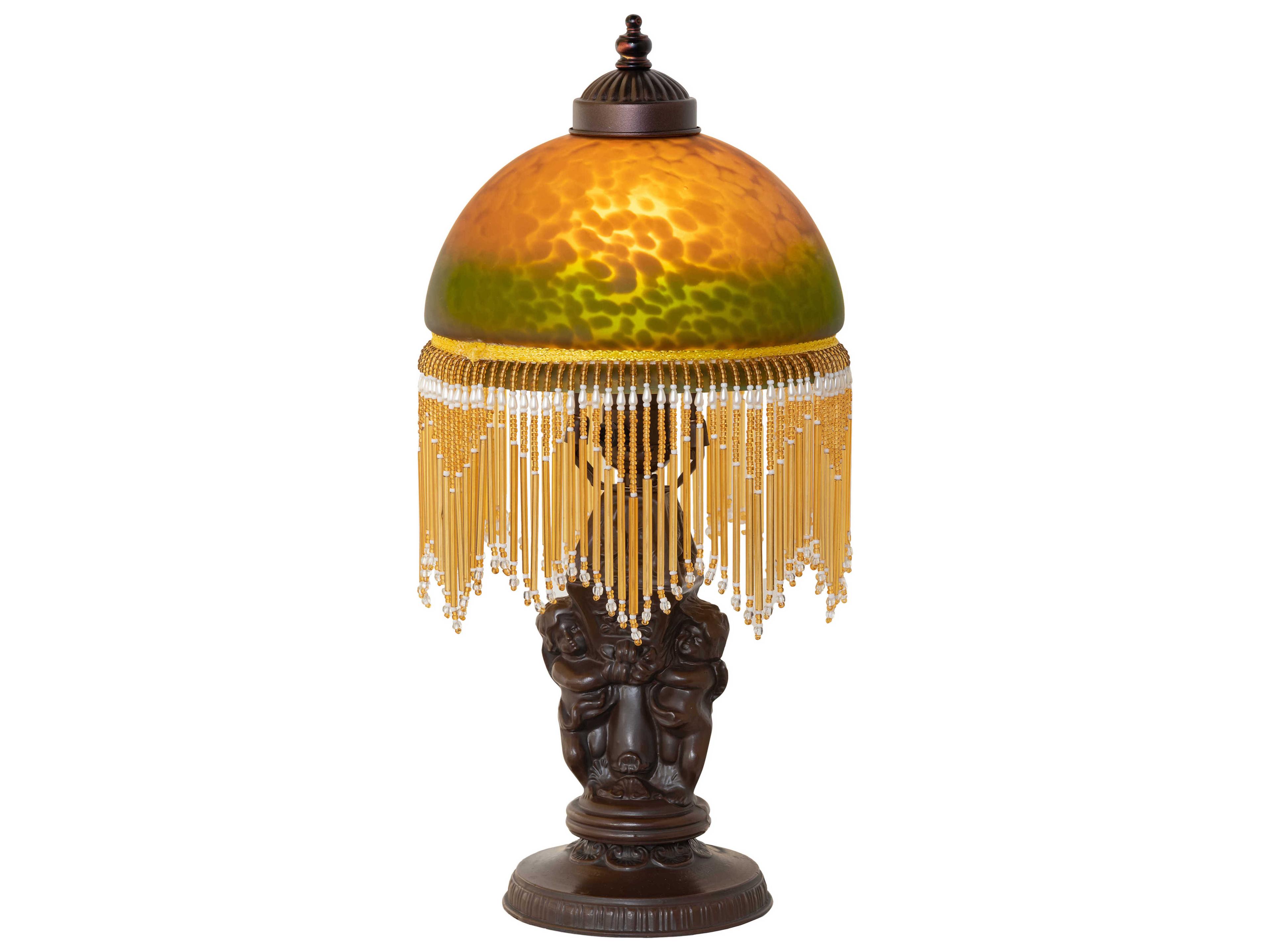Meyda Roussillon Cherub Mahogany Bronze Green Amber Glass Table Lamp with Shade