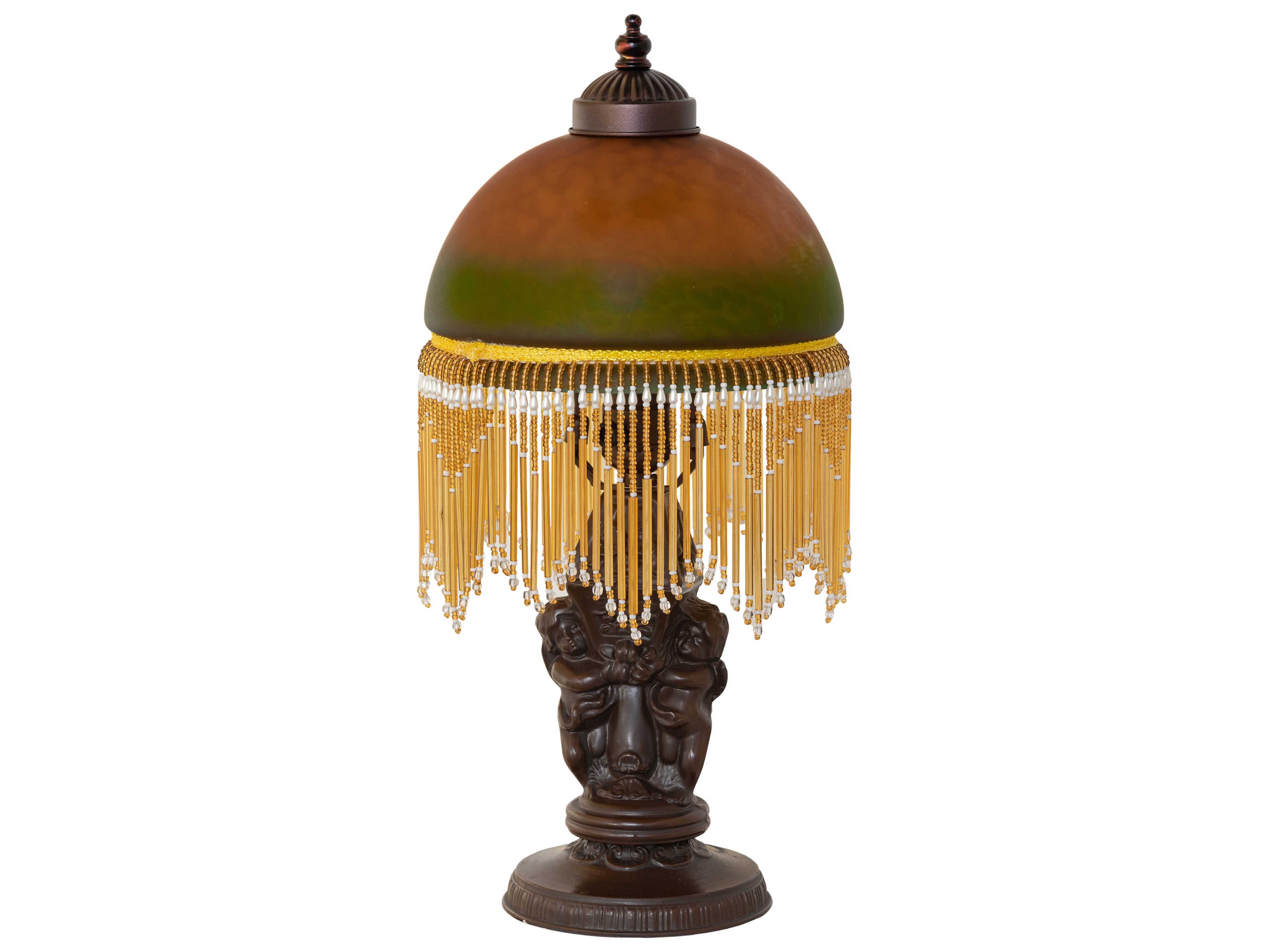 Meyda Roussillon Cherub Mahogany Bronze Green Amber Glass Table Lamp with Shade