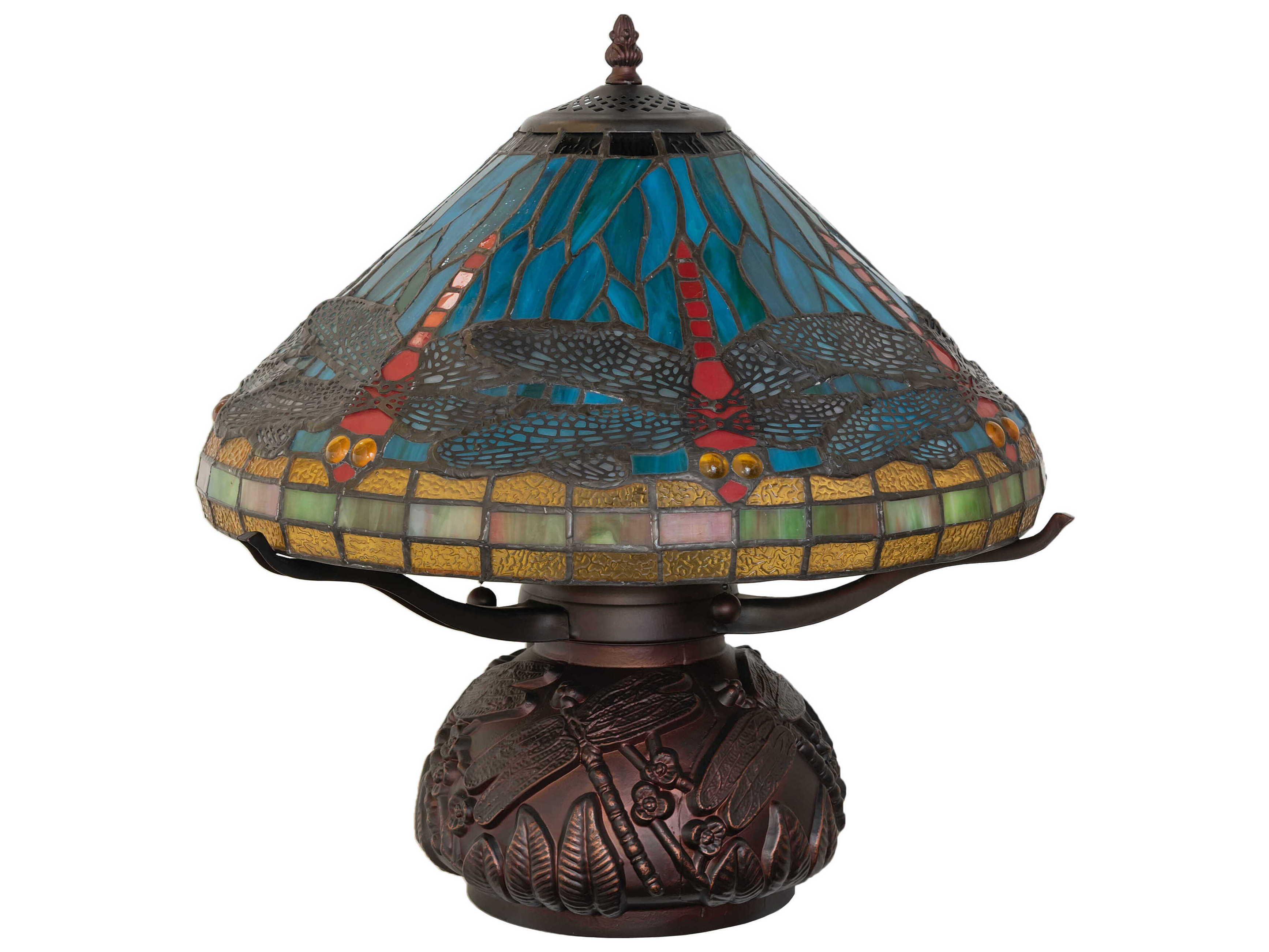 Meyda Tiffany Dragonfly Mahogany Bronze Ruby Sunflower Green Glass Table Lamp with Shade