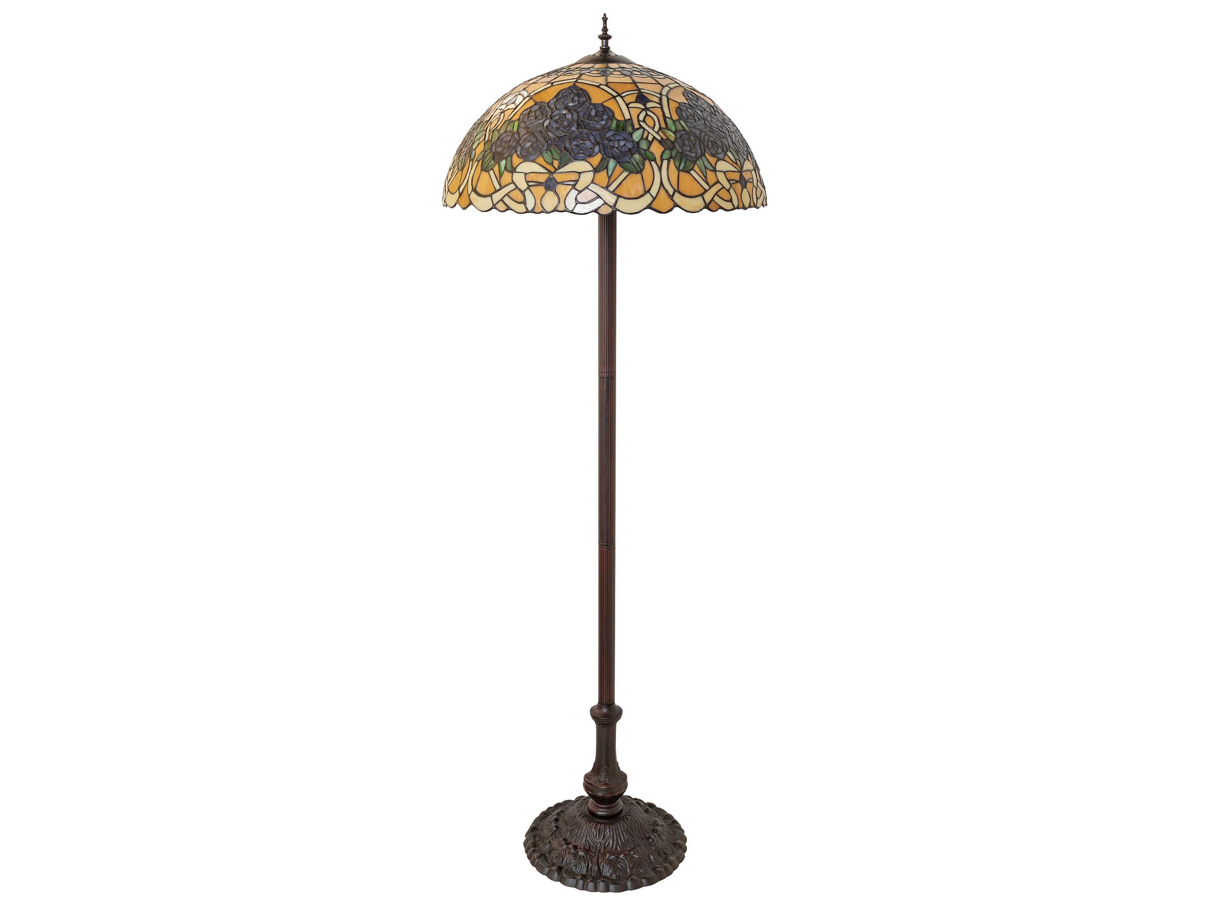 Meyda Rose Bouquet Mahogany Bronze Beige Violet Amber Glass Tiffany Floor Lamp