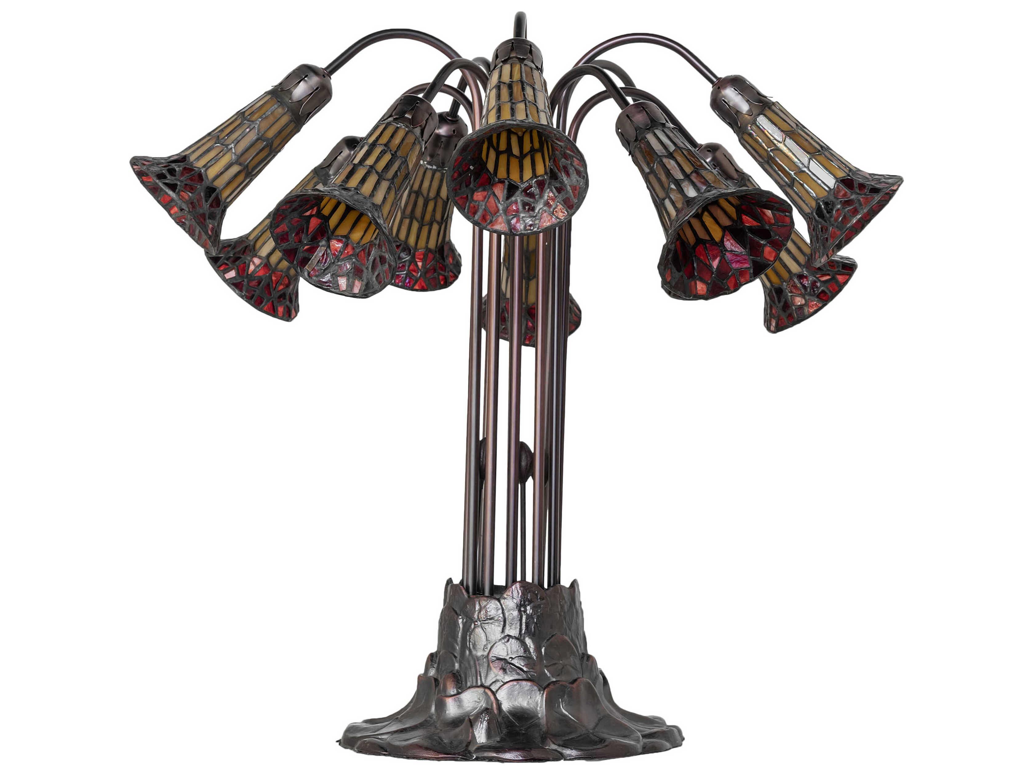 Meyda Stained Glass Pond Lily 10 - Light Mahogany Bronze Tiffany Table Lamp with Ruby Shade