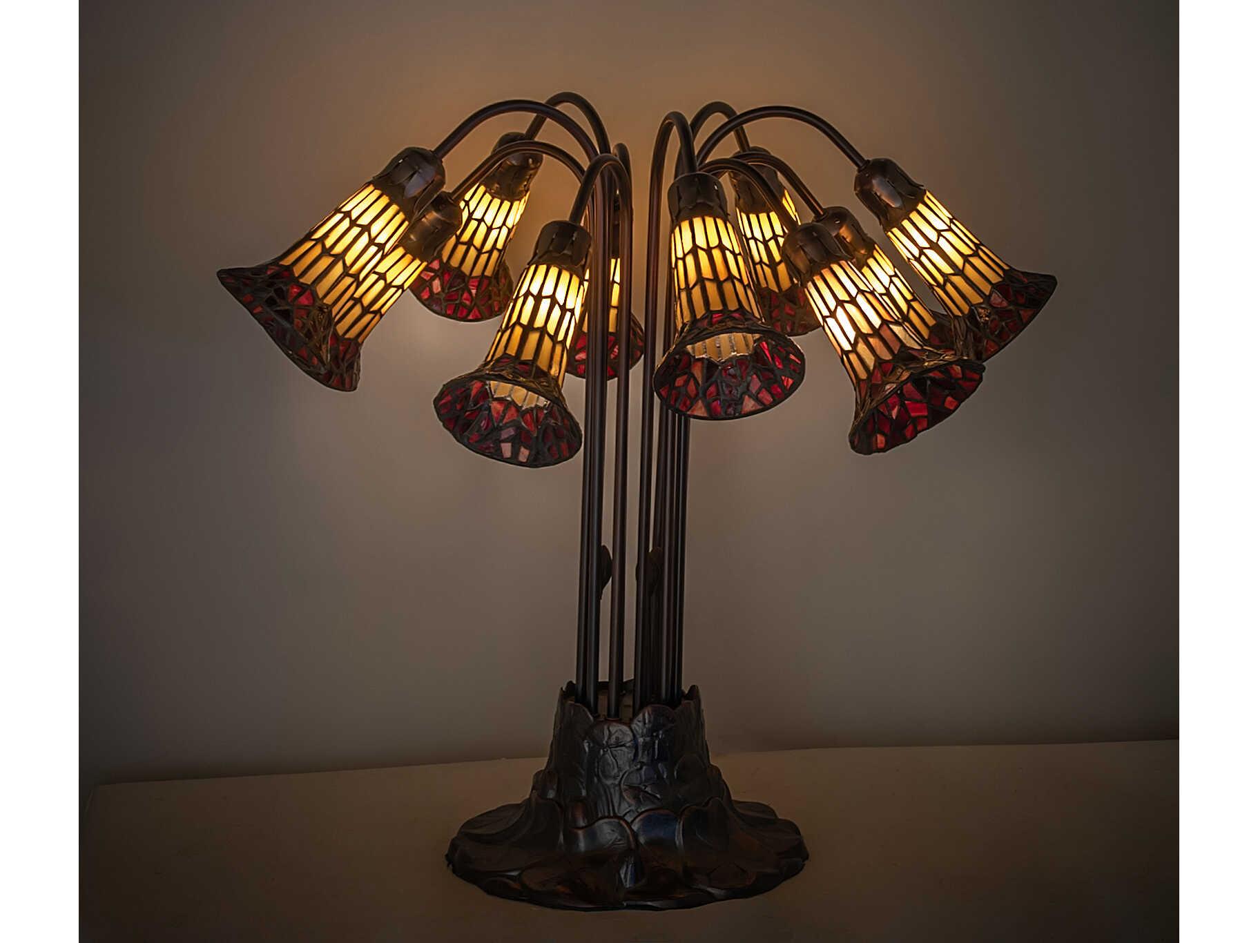 Meyda Stained Glass Pond Lily 10 - Light Mahogany Bronze Tiffany Table Lamp with Ruby Shade
