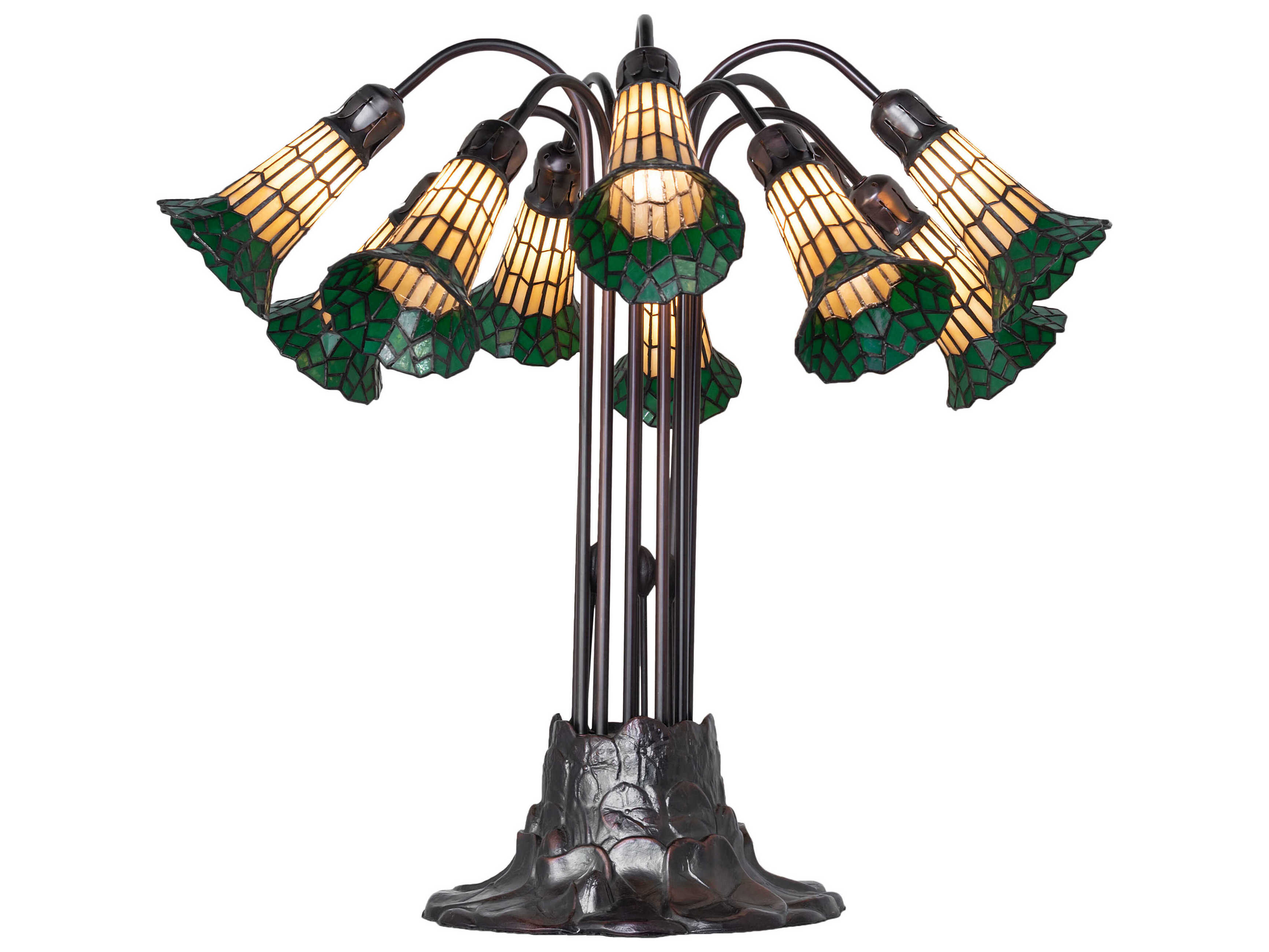 Meyda Stained Glass Pond Lily 10 - Light Mahogany Bronze Tiffany Table Lamp with Green Shade