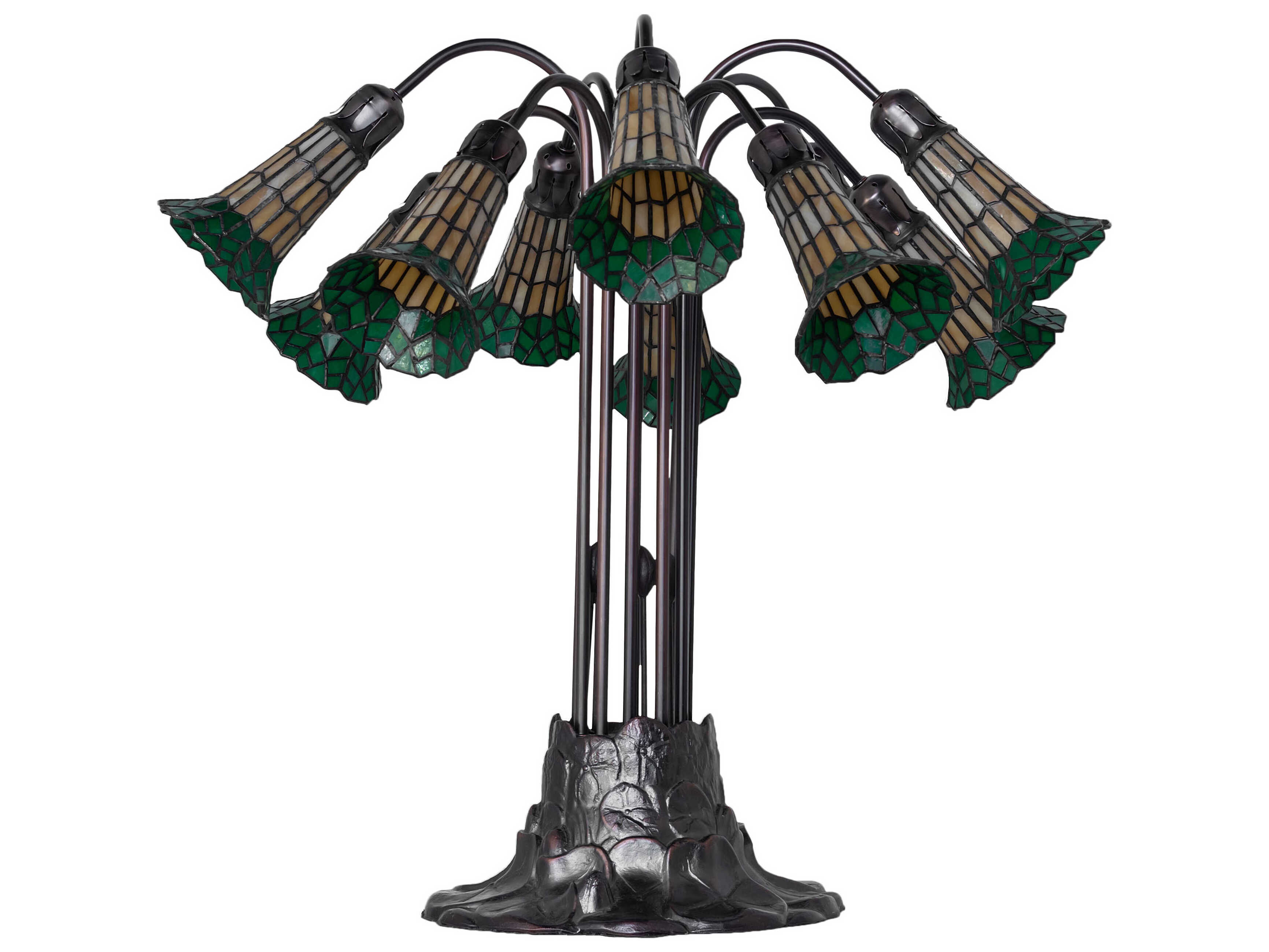 Meyda Stained Glass Pond Lily 10 - Light Mahogany Bronze Tiffany Table Lamp with Green Shade