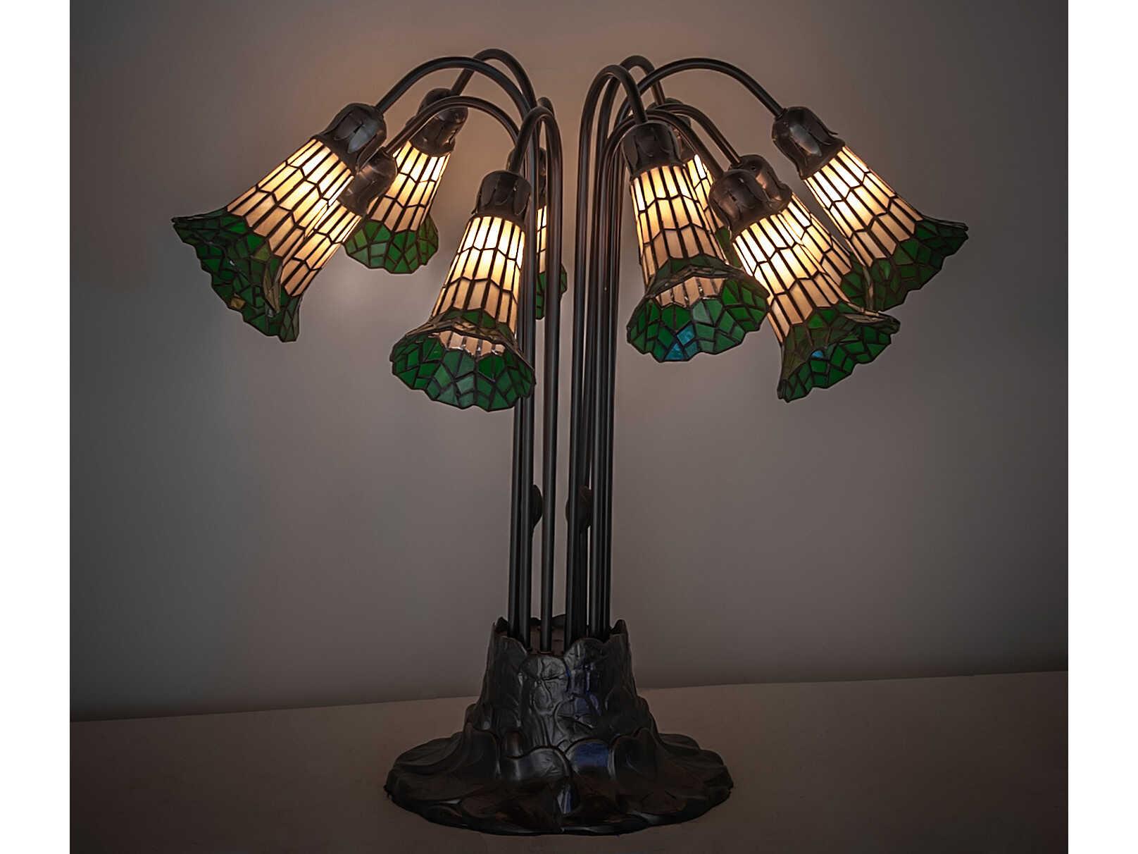 Meyda Stained Glass Pond Lily 10 - Light Mahogany Bronze Tiffany Table Lamp with Green Shade