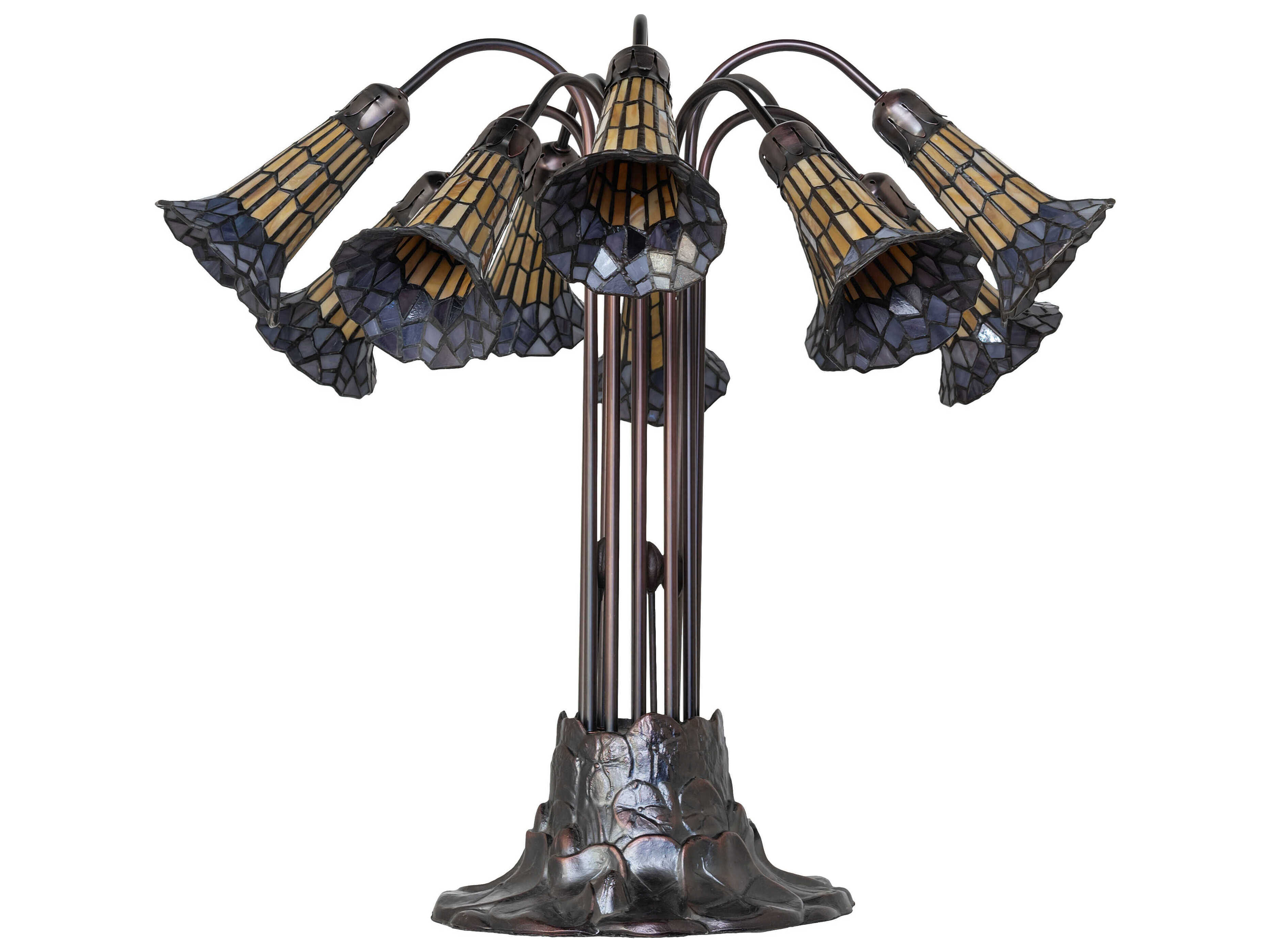 Meyda Stained Glass Pond Lily 10 - Light Mahogany Bronze Amber Violet Tiffany Table Lamp with Shade
