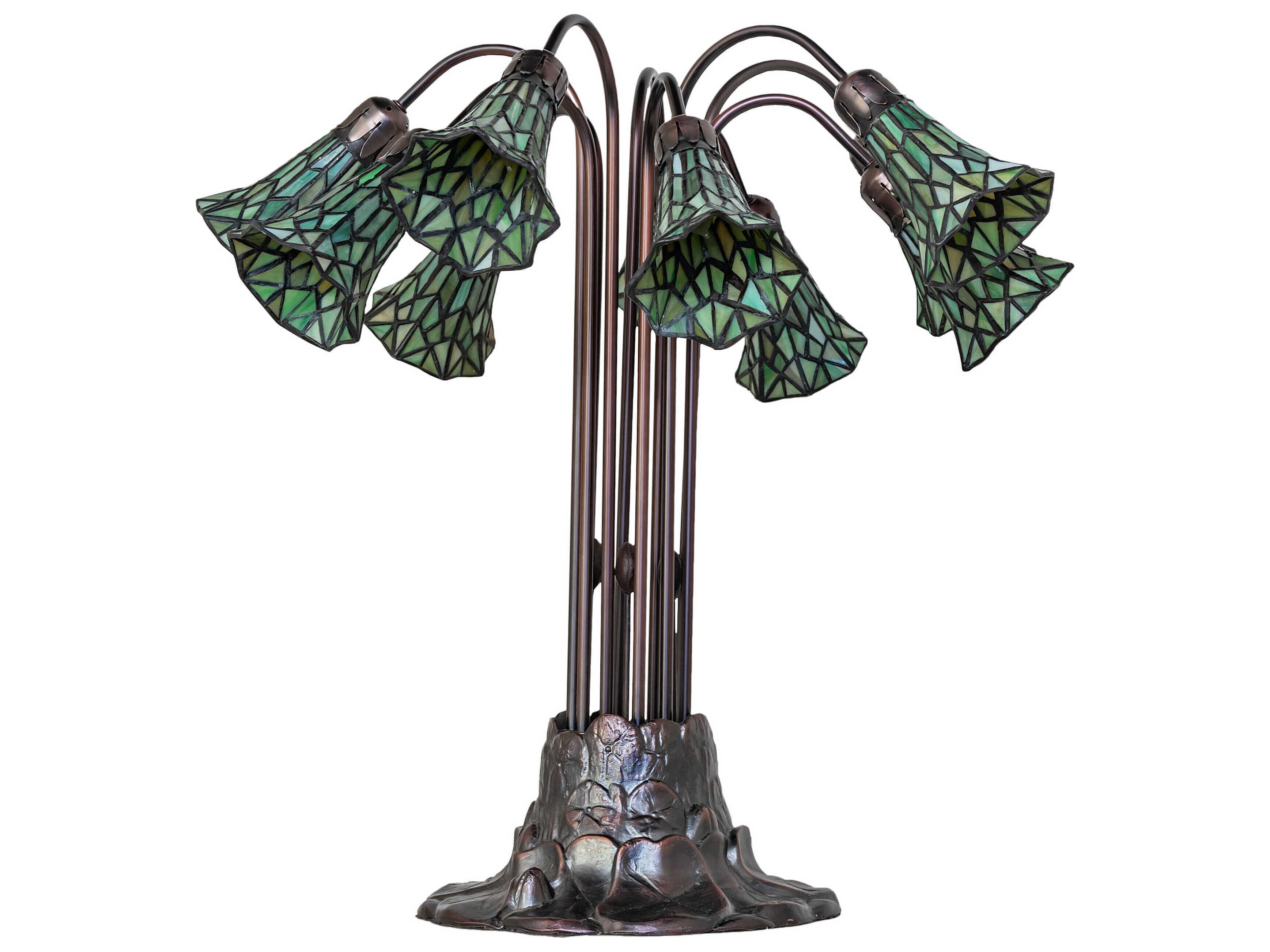 Meyda Stained Glass Pond Lily 10 - Light Mahogany Bronze Green Tiffany Table Lamp with Shade