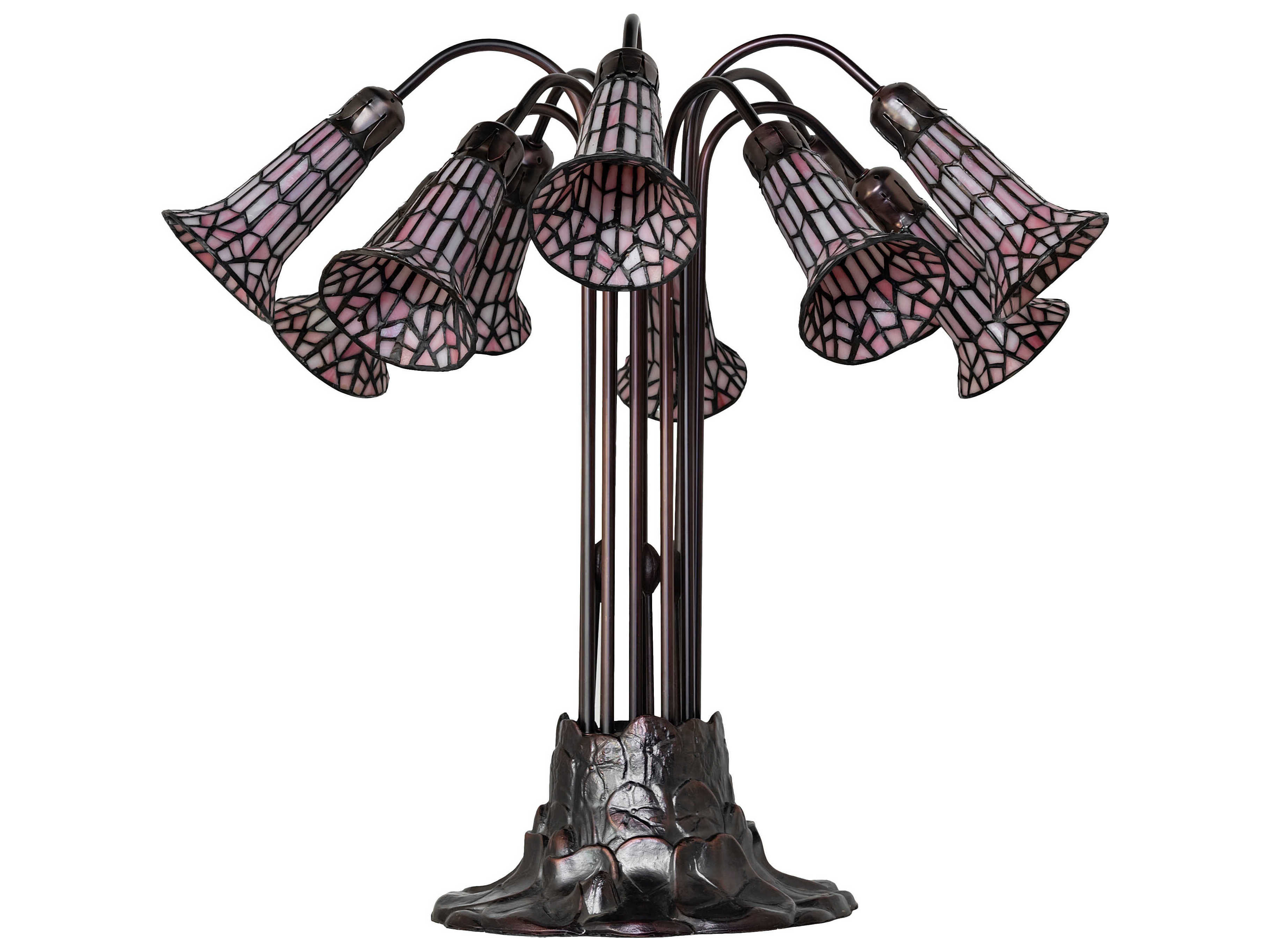 Meyda Stained Glass Pond Lily 10 - Light Mahogany Bronze Pink Tiffany Table Lamp with Shade