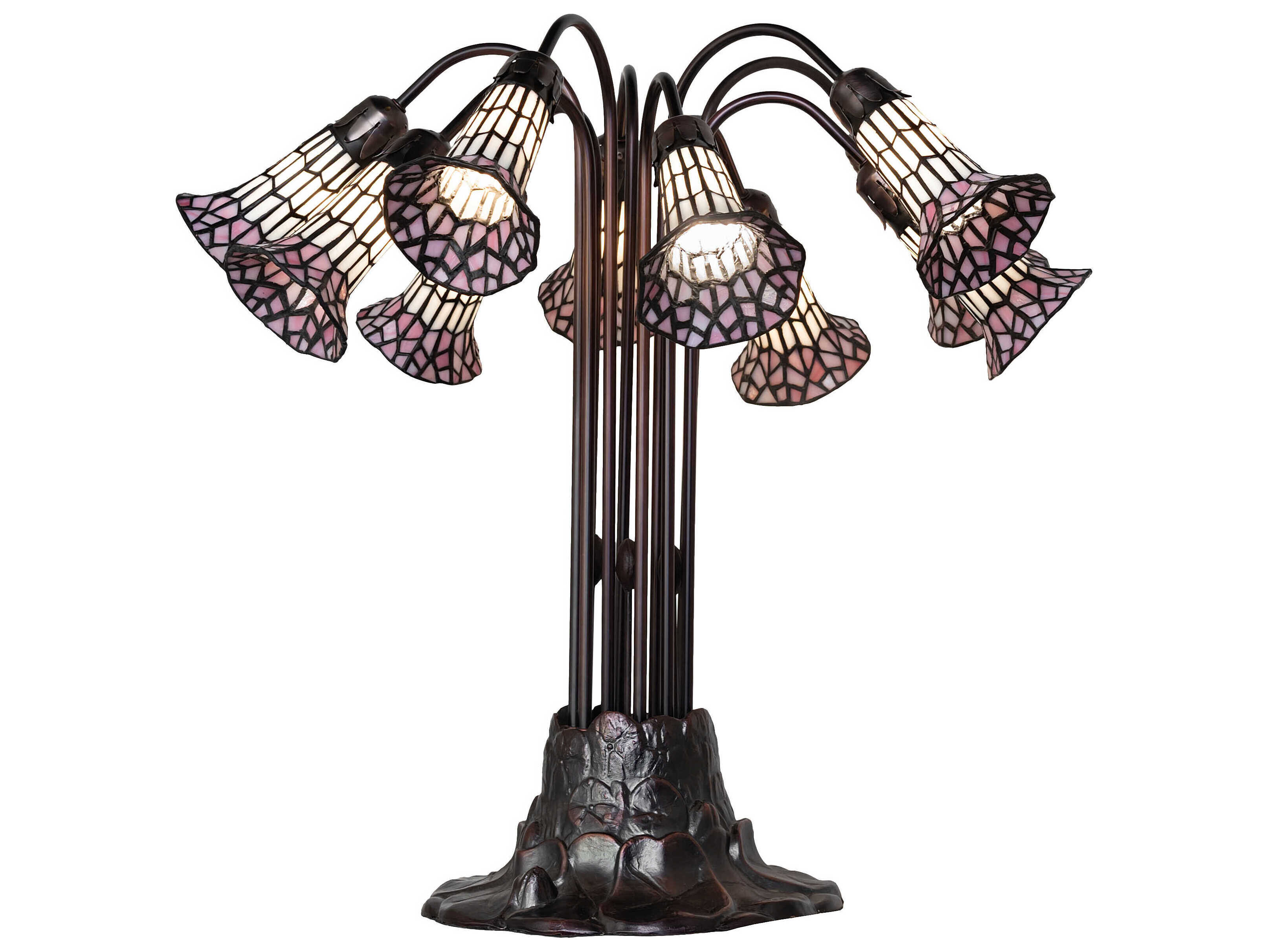 Meyda Stained Glass Pond Lily 10 - Light Mahogany Bronze Pink White Tiffany Table Lamp with Shade