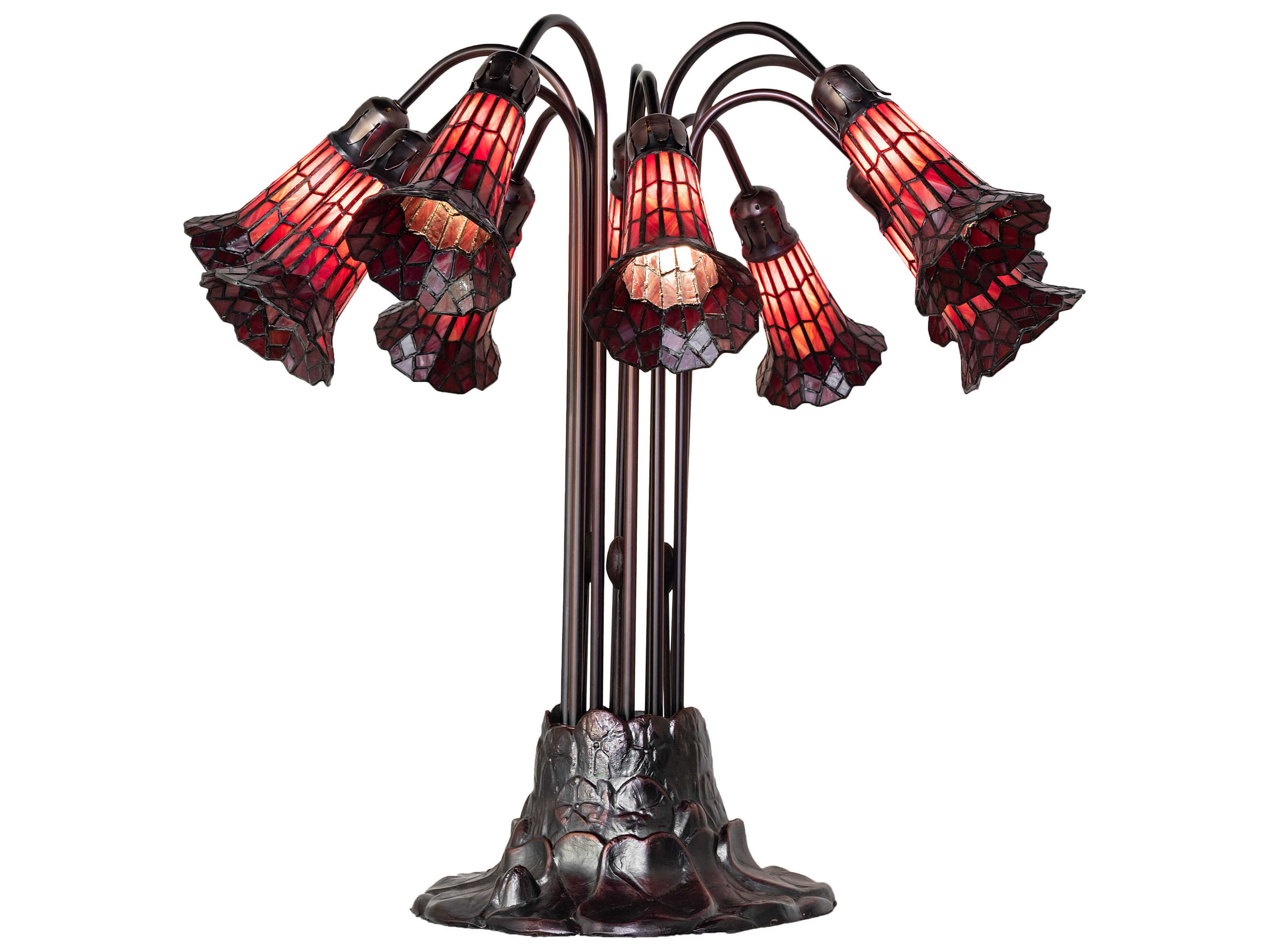 Meyda Stained Glass Pond Lily 10 - Light Mahogany Bronze Ruby Tiffany Table Lamp with Shade