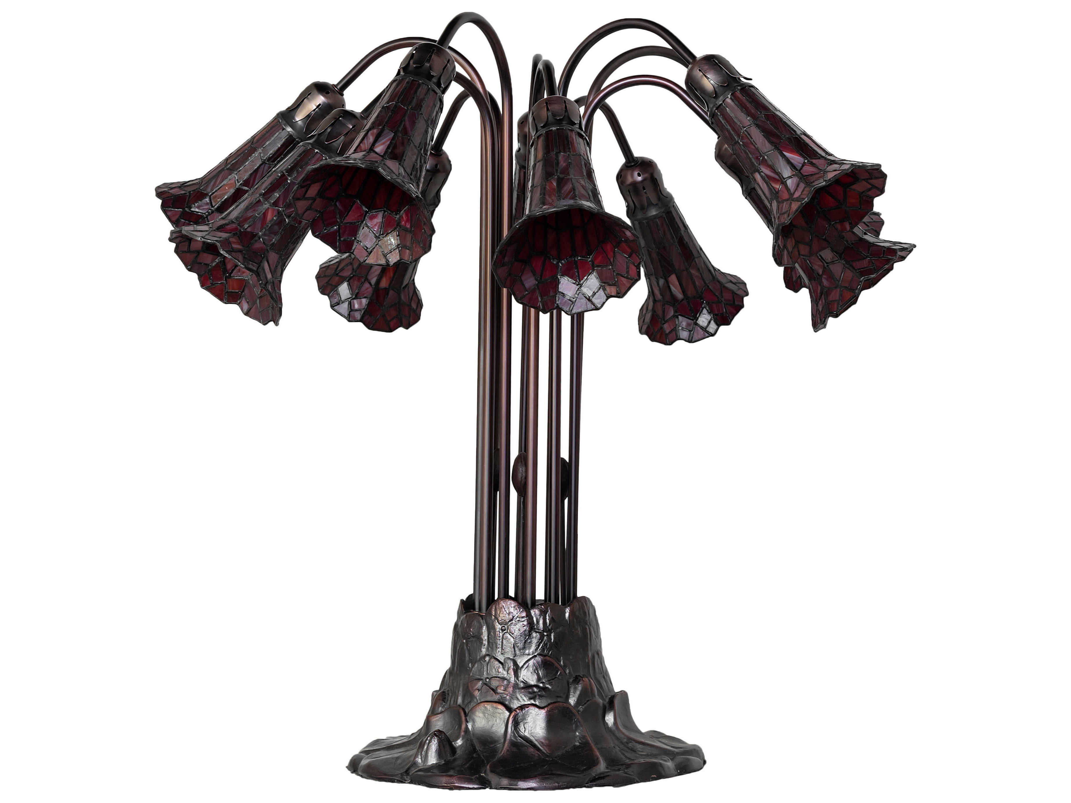 Meyda Stained Glass Pond Lily 10 - Light Mahogany Bronze Ruby Tiffany Table Lamp with Shade