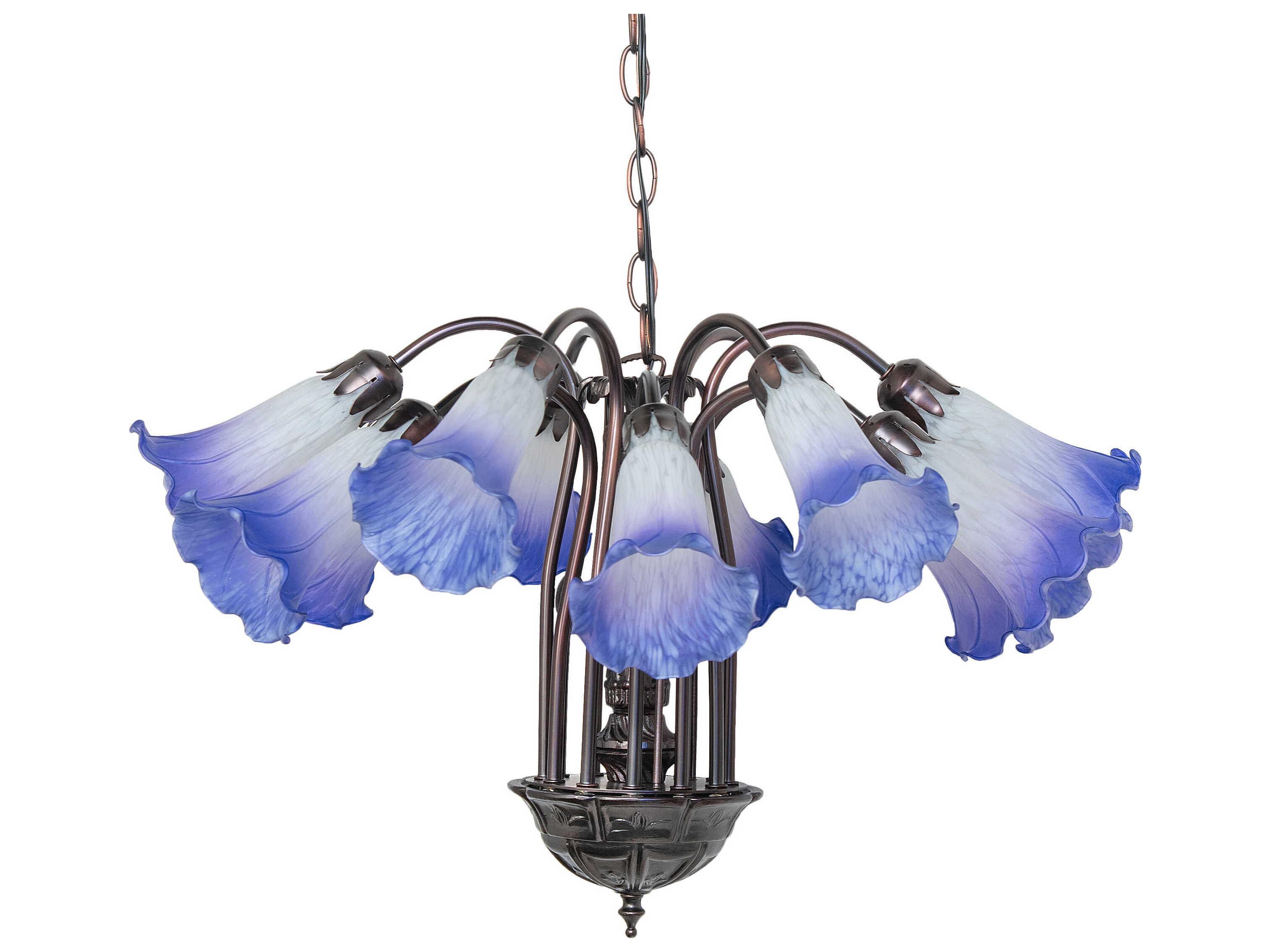 Meyda Pond Lily 12-Light Mahogany Bronze Blue Glass Bell Chandelier