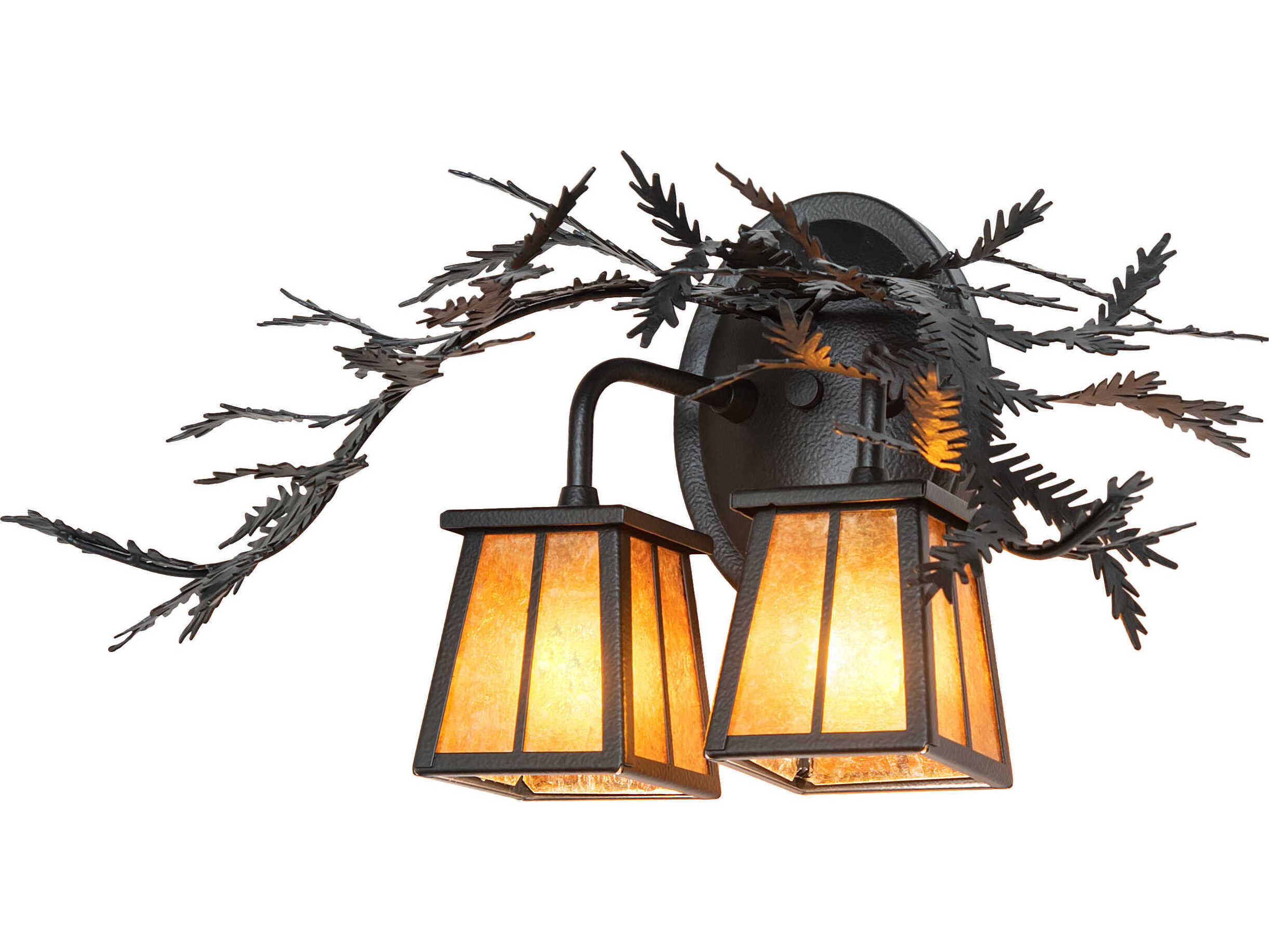 Meyda Pine Branch Valley View 2-Light Black Satin Wrought Iron Glass Vanity Light