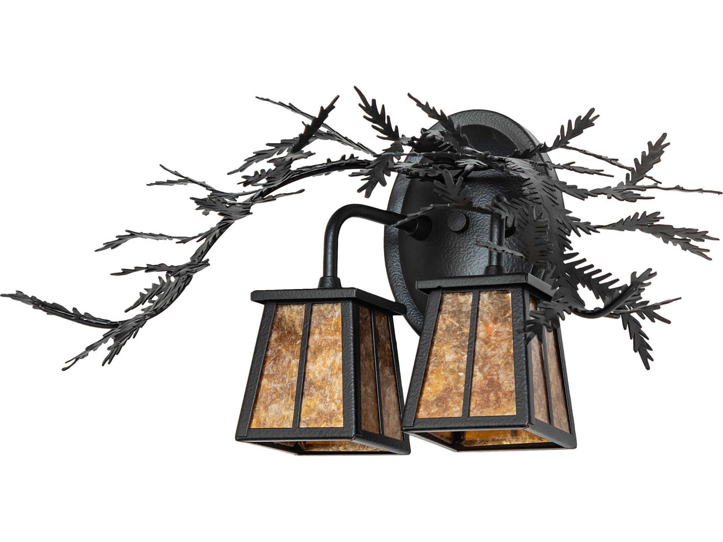 Meyda Pine Branch Valley View 2-Light Black Satin Wrought Iron Glass Vanity Light