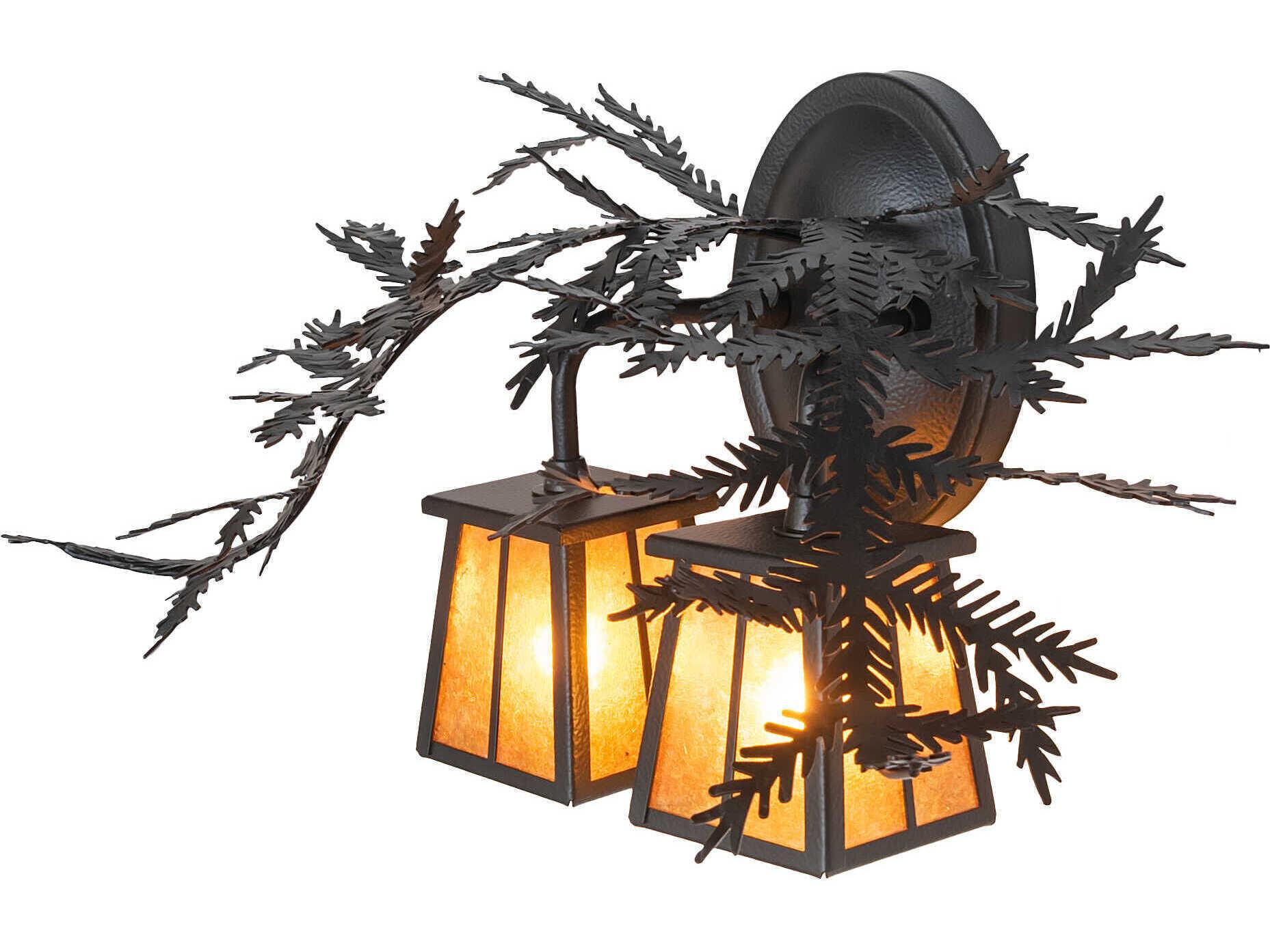 Meyda Pine Branch Valley View 2-Light Black Satin Wrought Iron Glass Vanity Light
