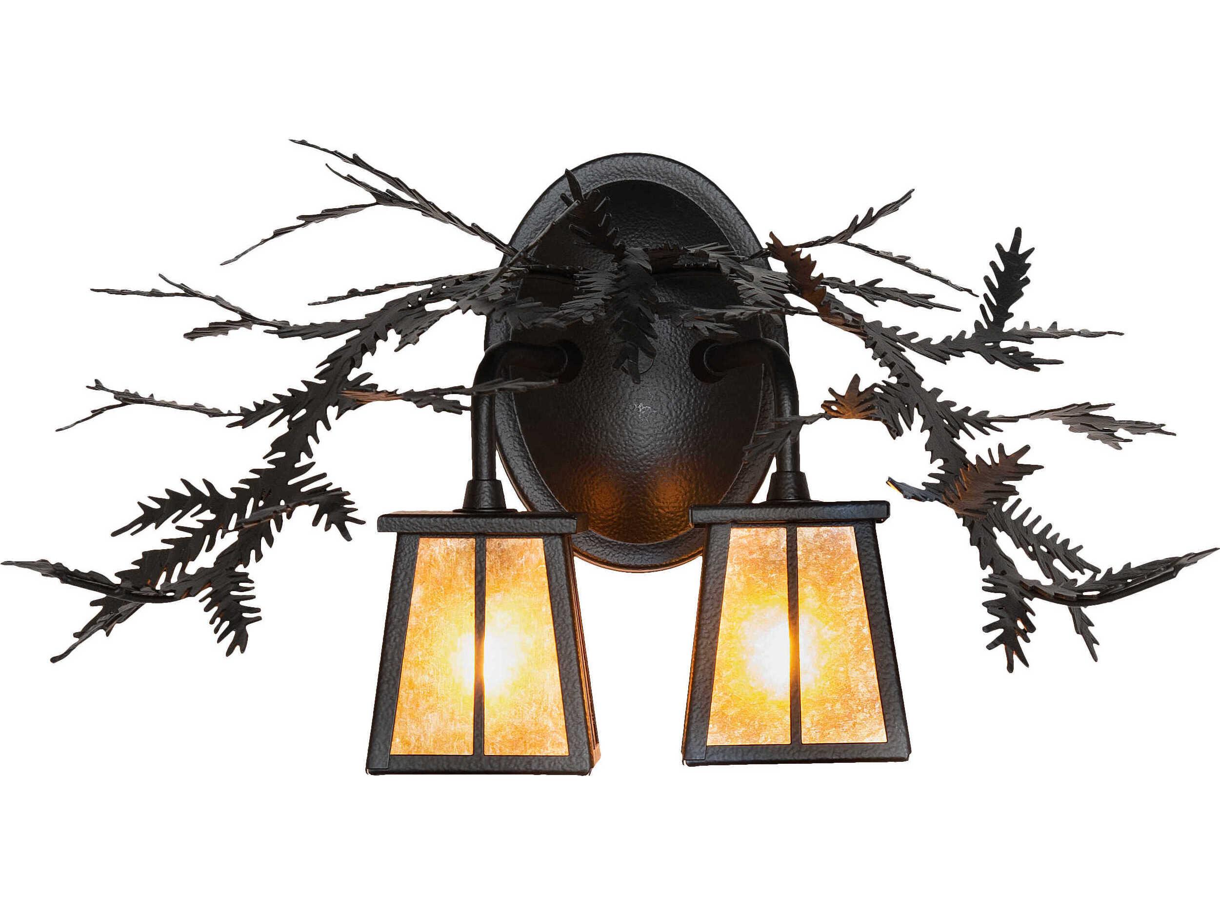 Meyda Pine Branch Valley View 2-Light Black Satin Wrought Iron Glass Vanity Light