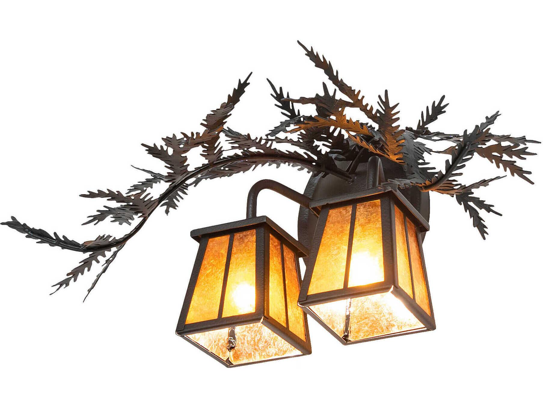 Meyda Pine Branch Valley View 2-Light Black Satin Wrought Iron Glass Vanity Light