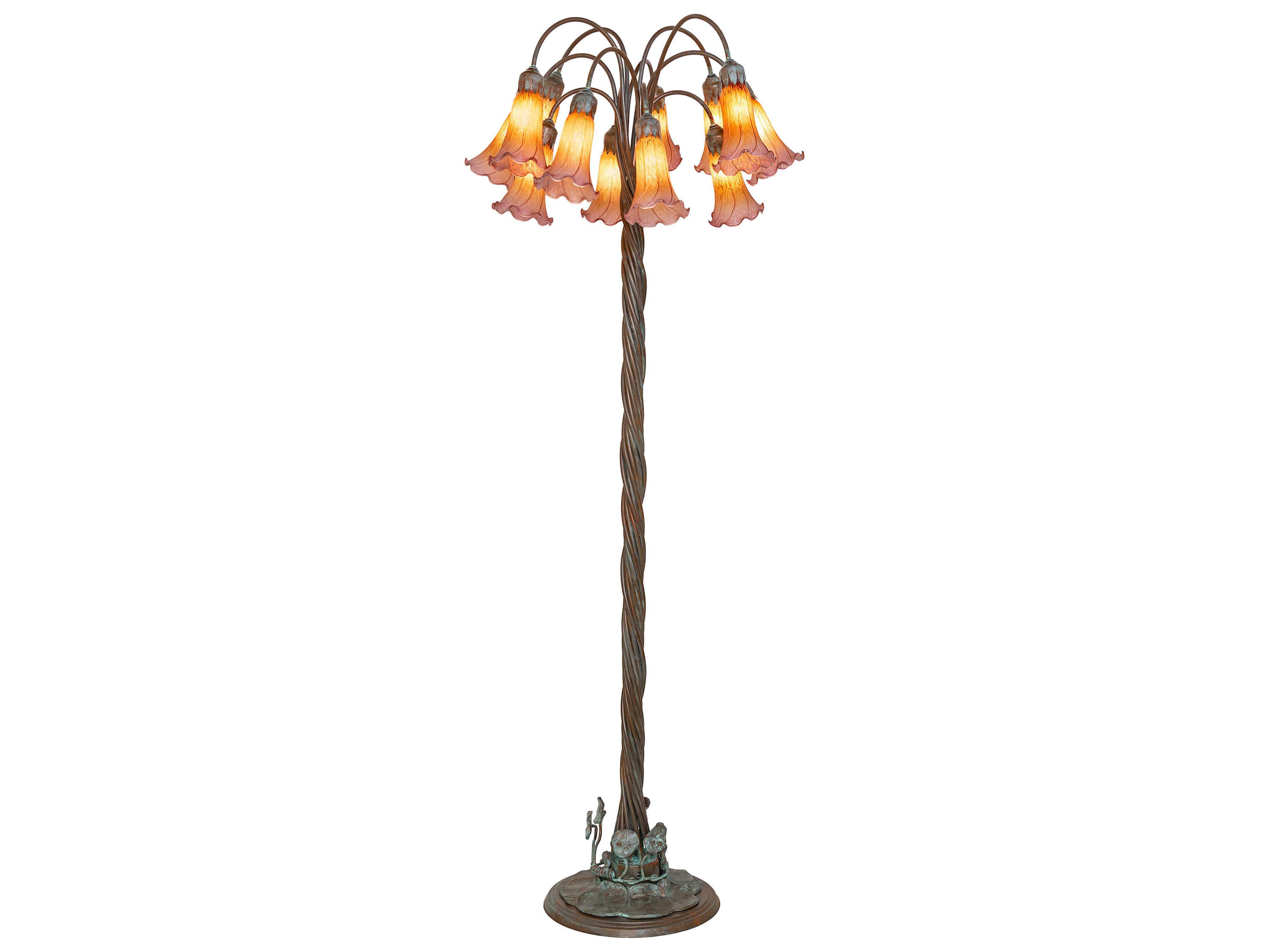 Meyda Pond Lily Bronze Amber Purple Glass Floor Lamp with Shade