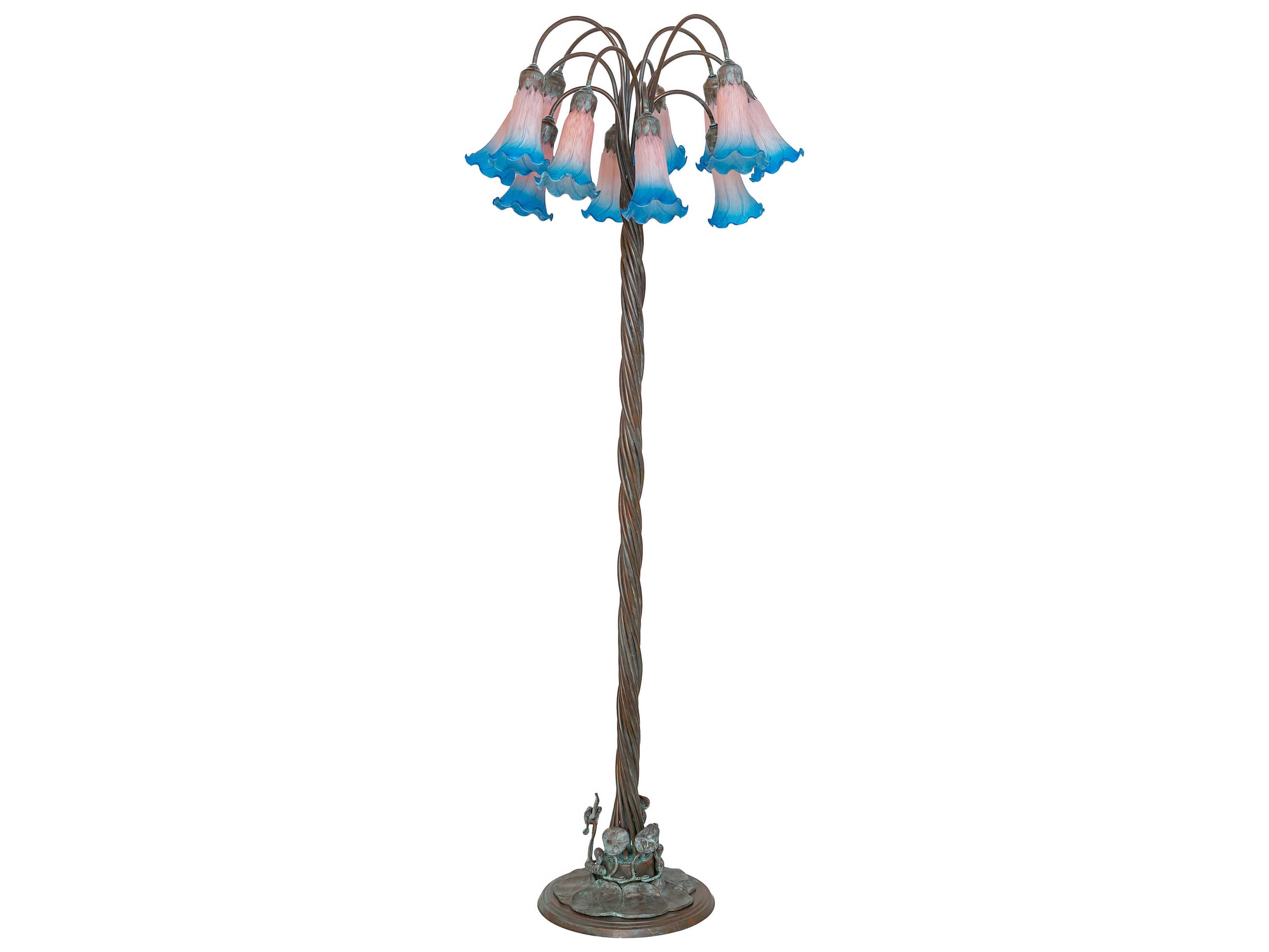Meyda Pond Lily Bronze Blue Glass Floor Lamp with Pink Shade