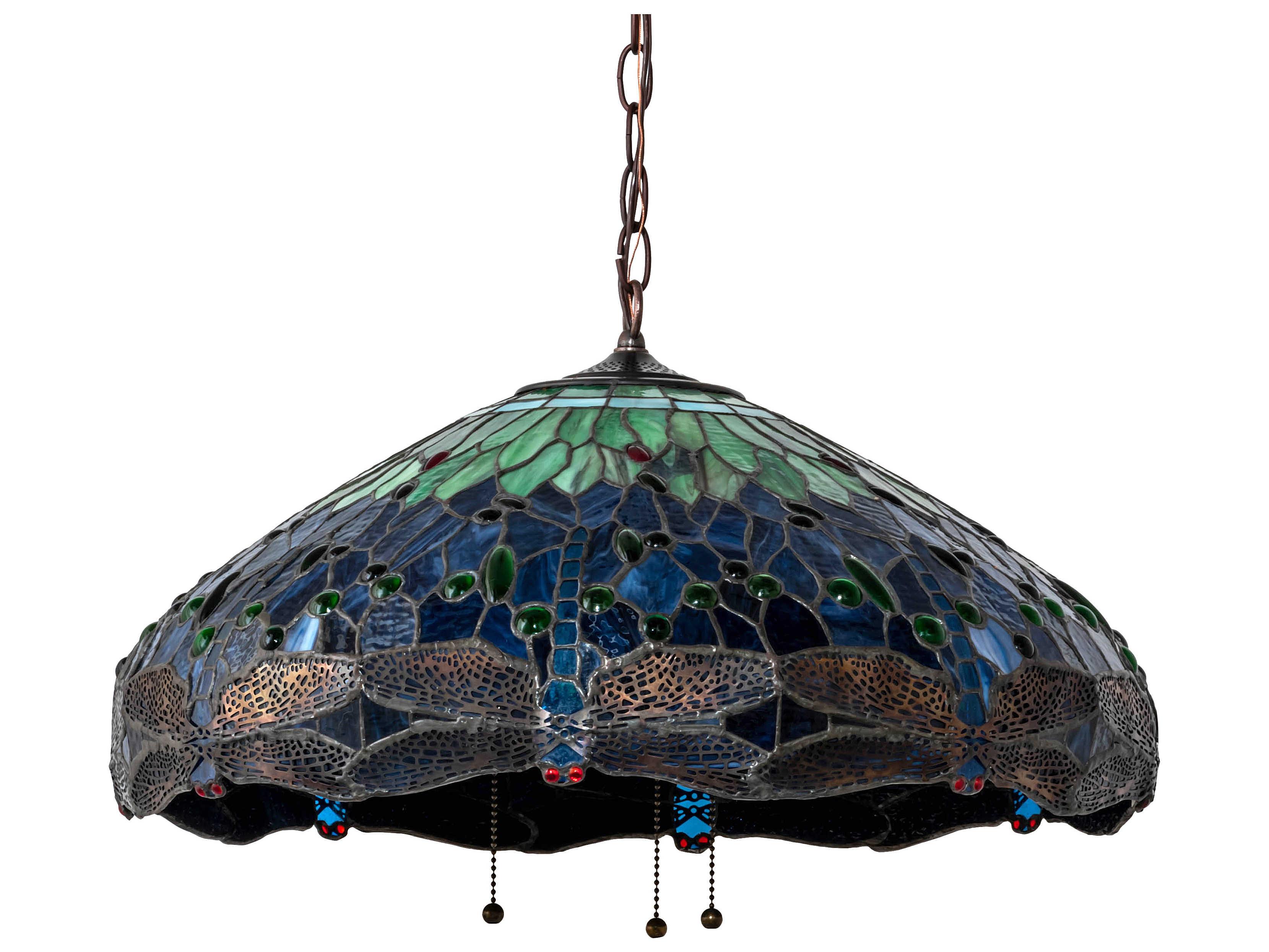 Meyda Tiffany Hanginghead Dragonfly 3-Light Mahogany Bronze Glass Dome Geometric Pendant