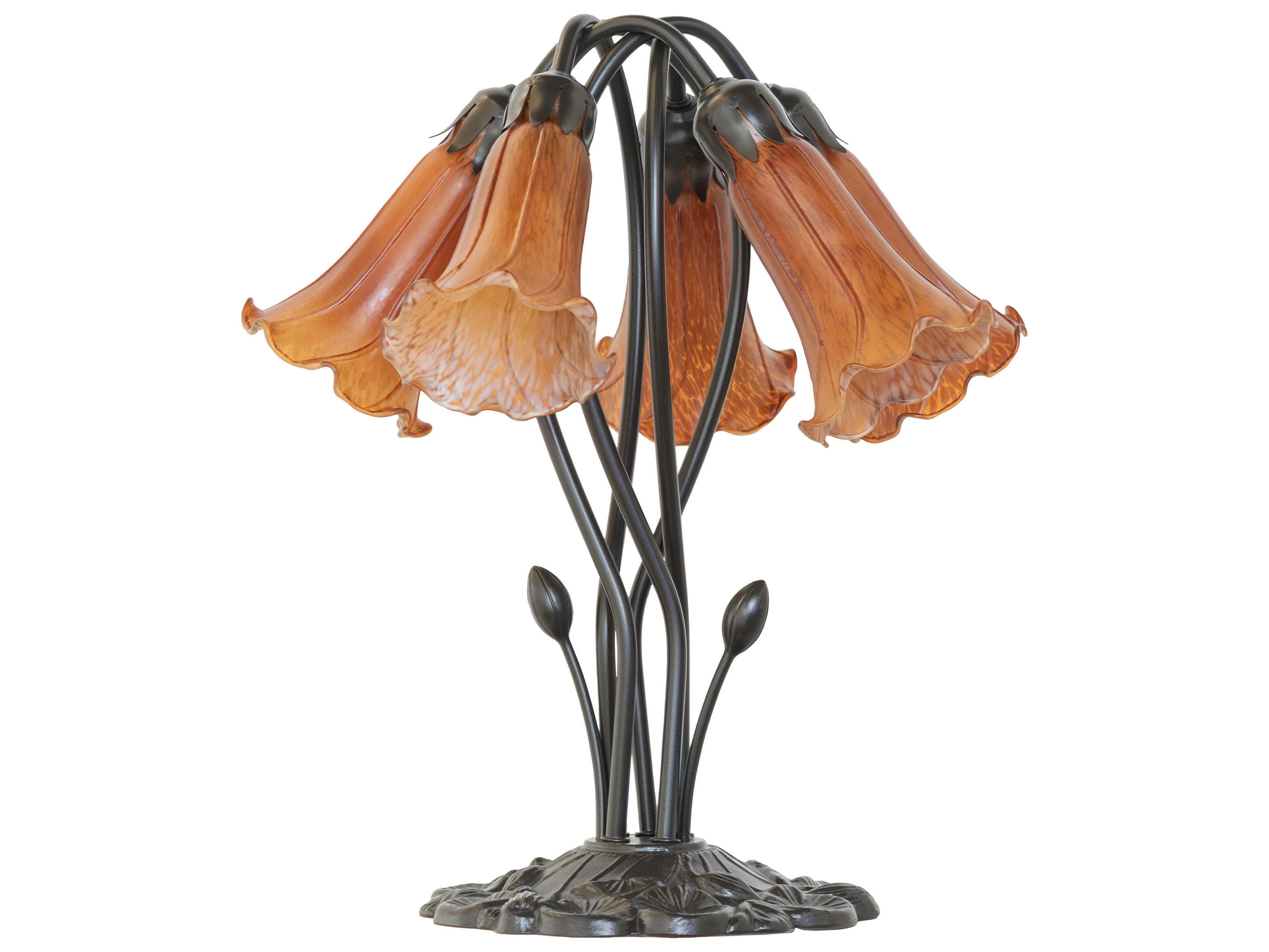 Meyda Pond Lily Mahogany Bronze Amver Glass Table Lamp with Amber Shade