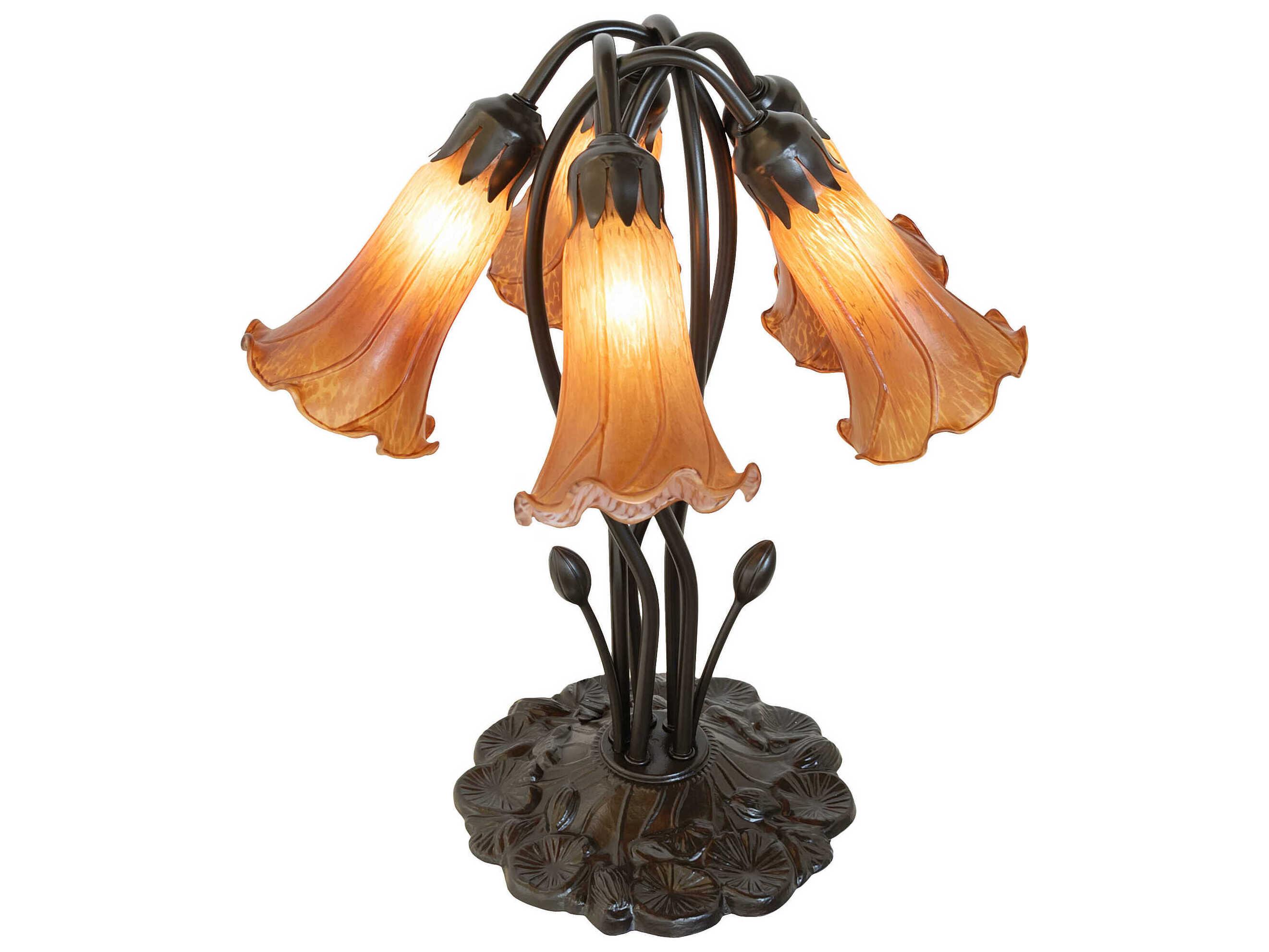 Meyda Pond Lily Mahogany Bronze Amver Glass Table Lamp with Amber Shade