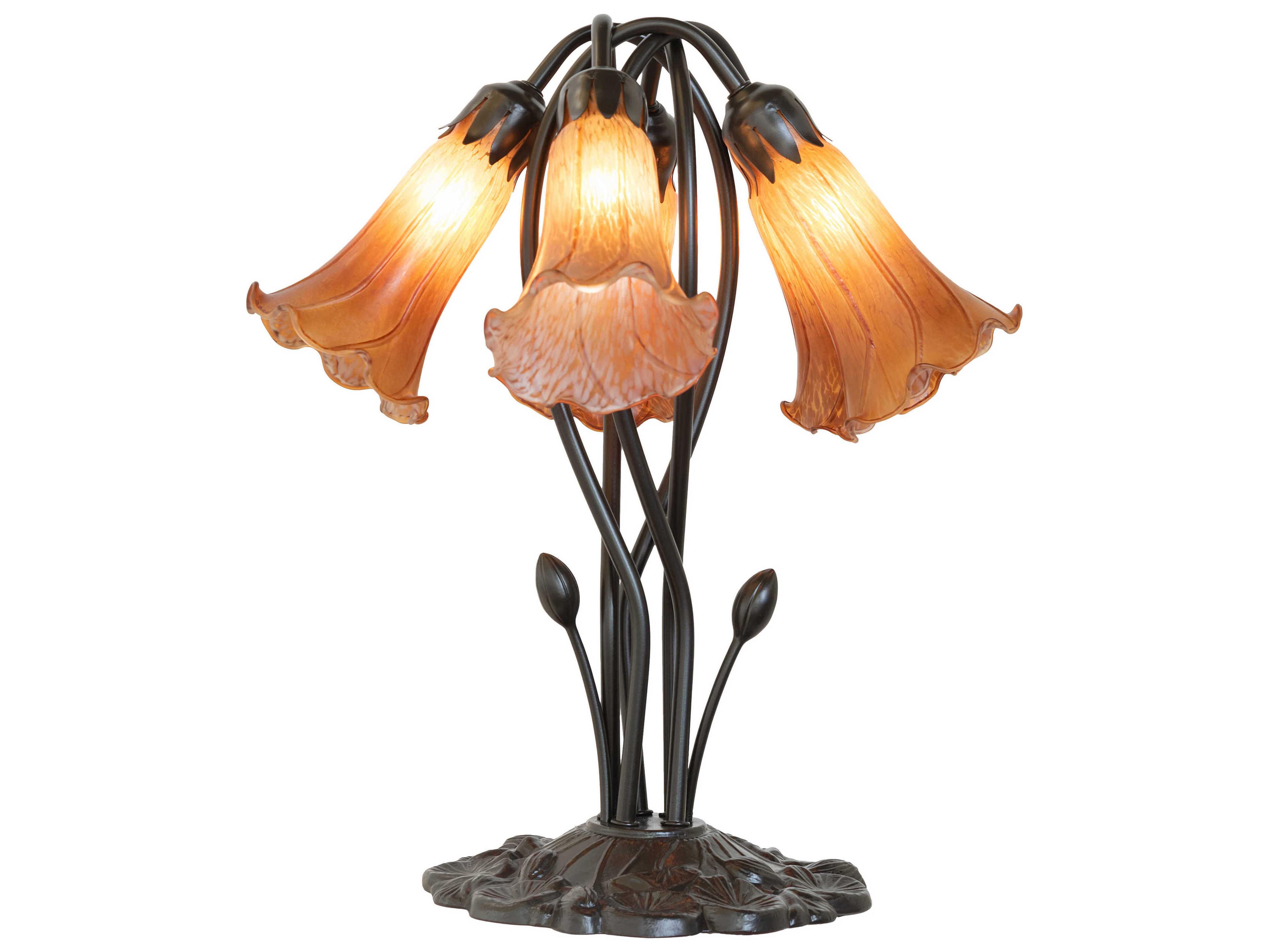 Meyda Pond Lily Mahogany Bronze Amver Glass Table Lamp with Amber Shade