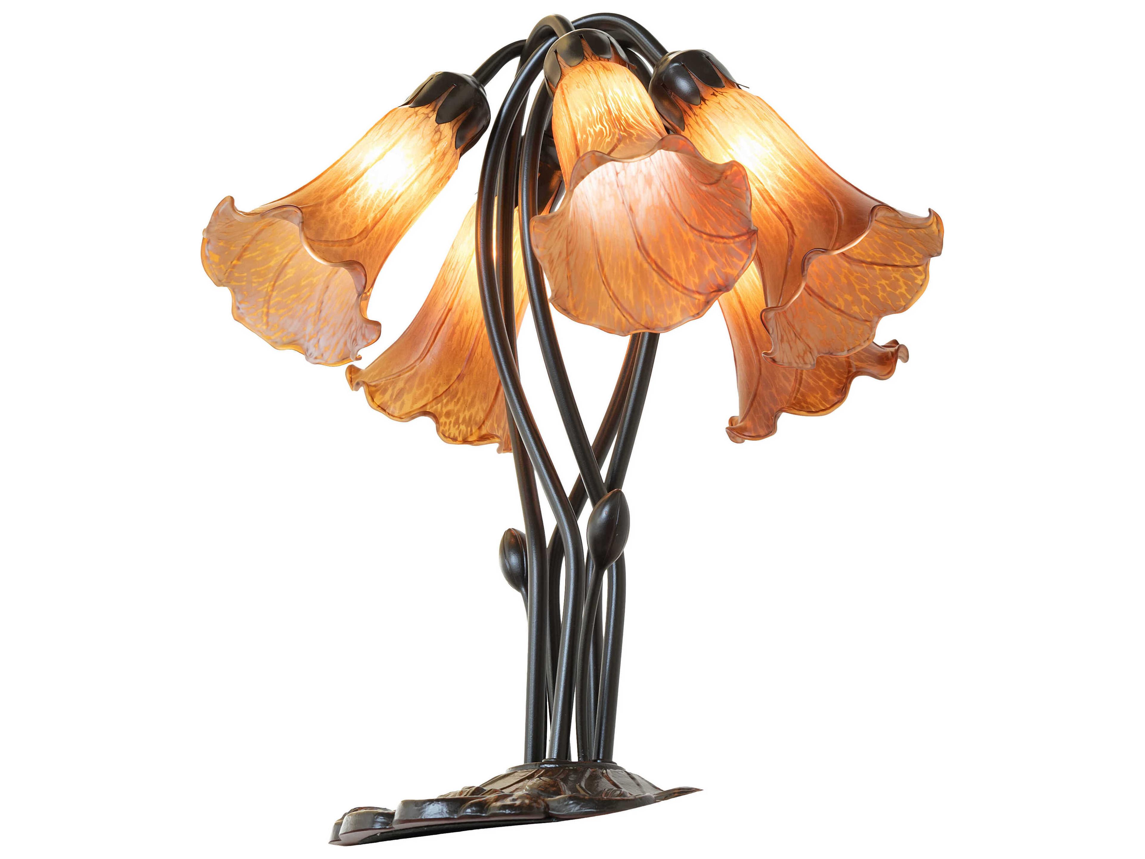 Meyda Pond Lily Mahogany Bronze Amver Glass Table Lamp with Amber Shade