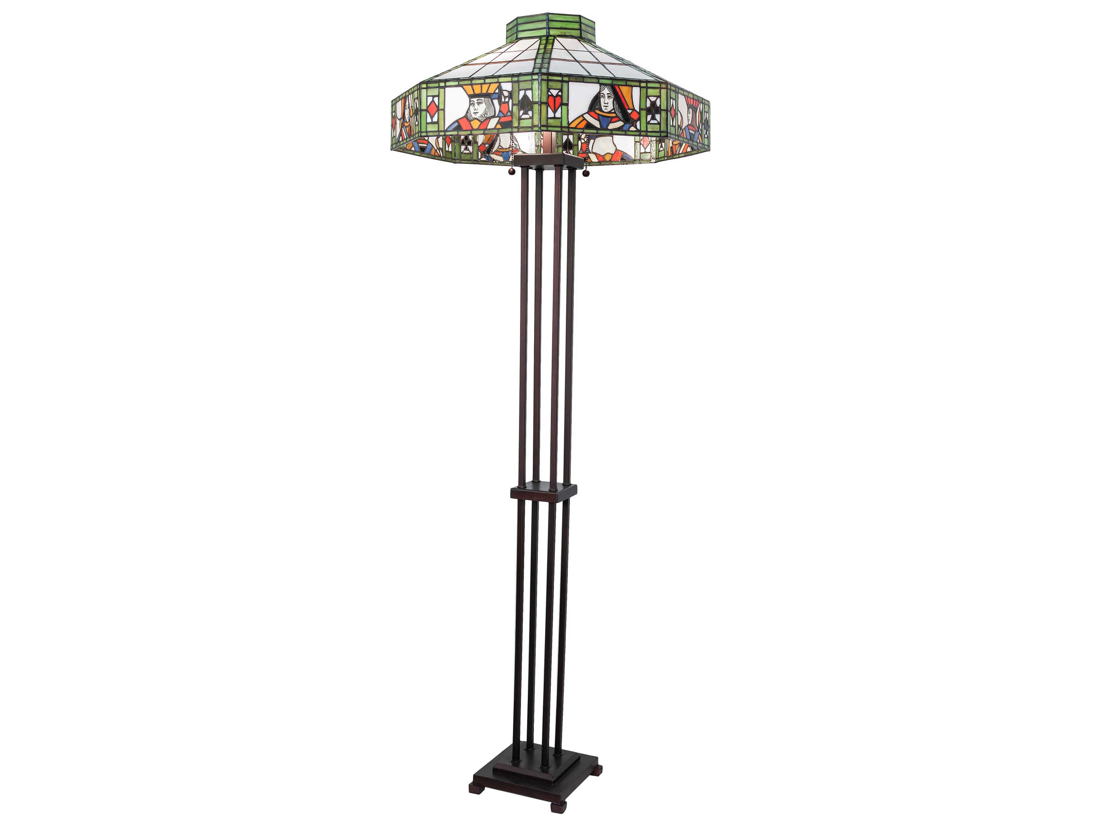 Meyda Poker Face Mahogany Bronze Green Beige Glass Tiffany Floor Lamp