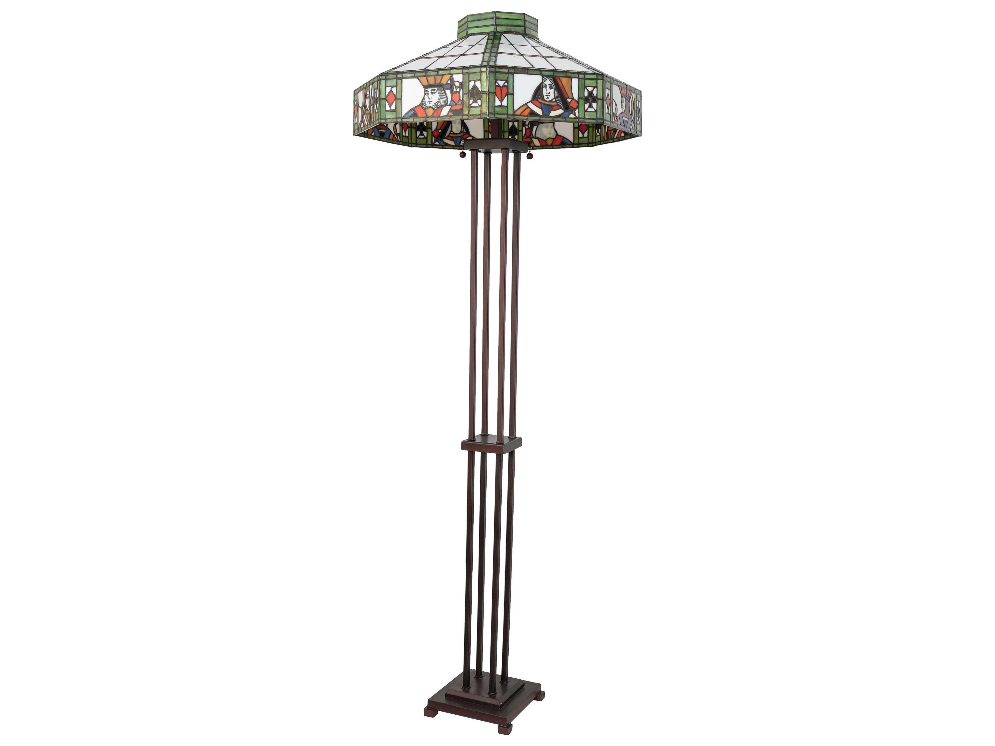 Meyda Poker Face Mahogany Bronze Green Beige Glass Tiffany Floor Lamp