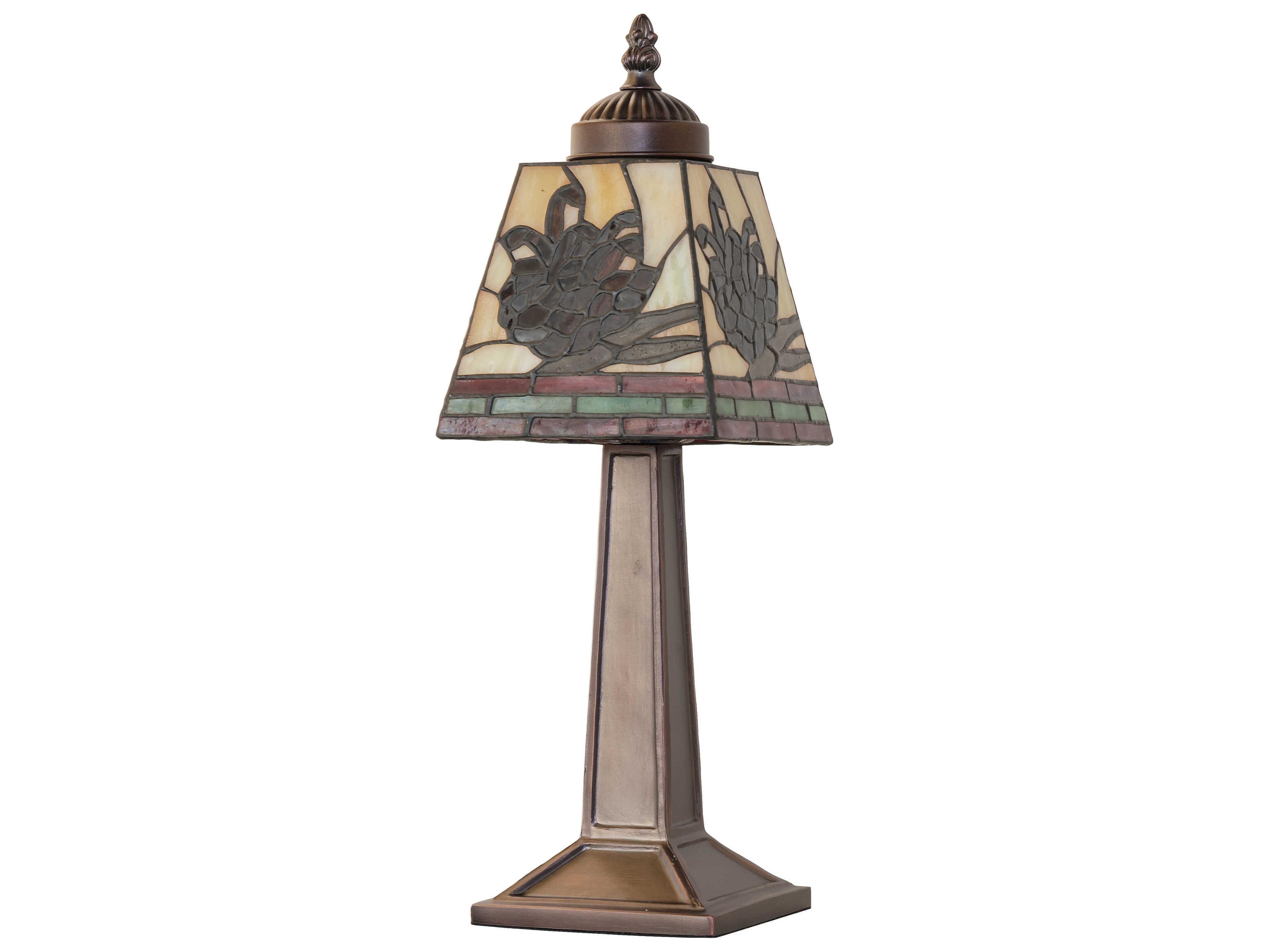 Meyda Pine Branch Mahogany Bronze Ruby Amber Green Beige Glass Table Lamp