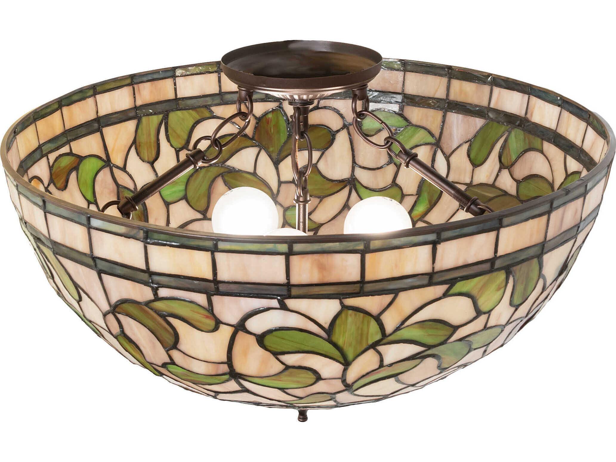 Meyda Tiffany Turning Leaf 3-Light Mahogany Bronze Glass Bowl Semi Flush Mount