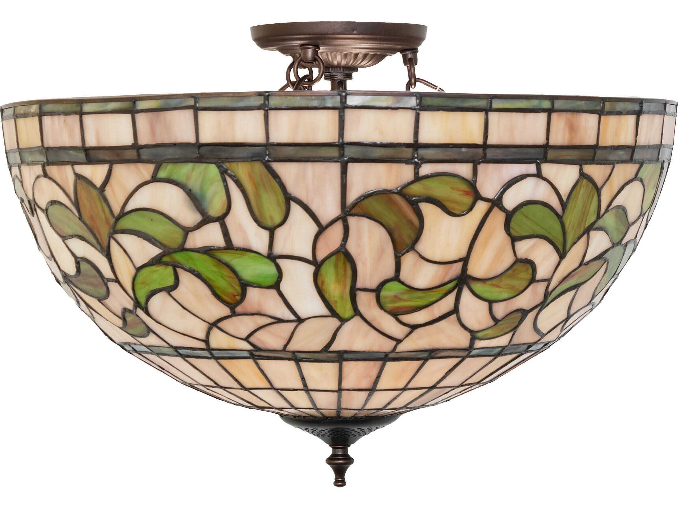 Meyda Tiffany Turning Leaf 3-Light Mahogany Bronze Glass Bowl Semi Flush Mount