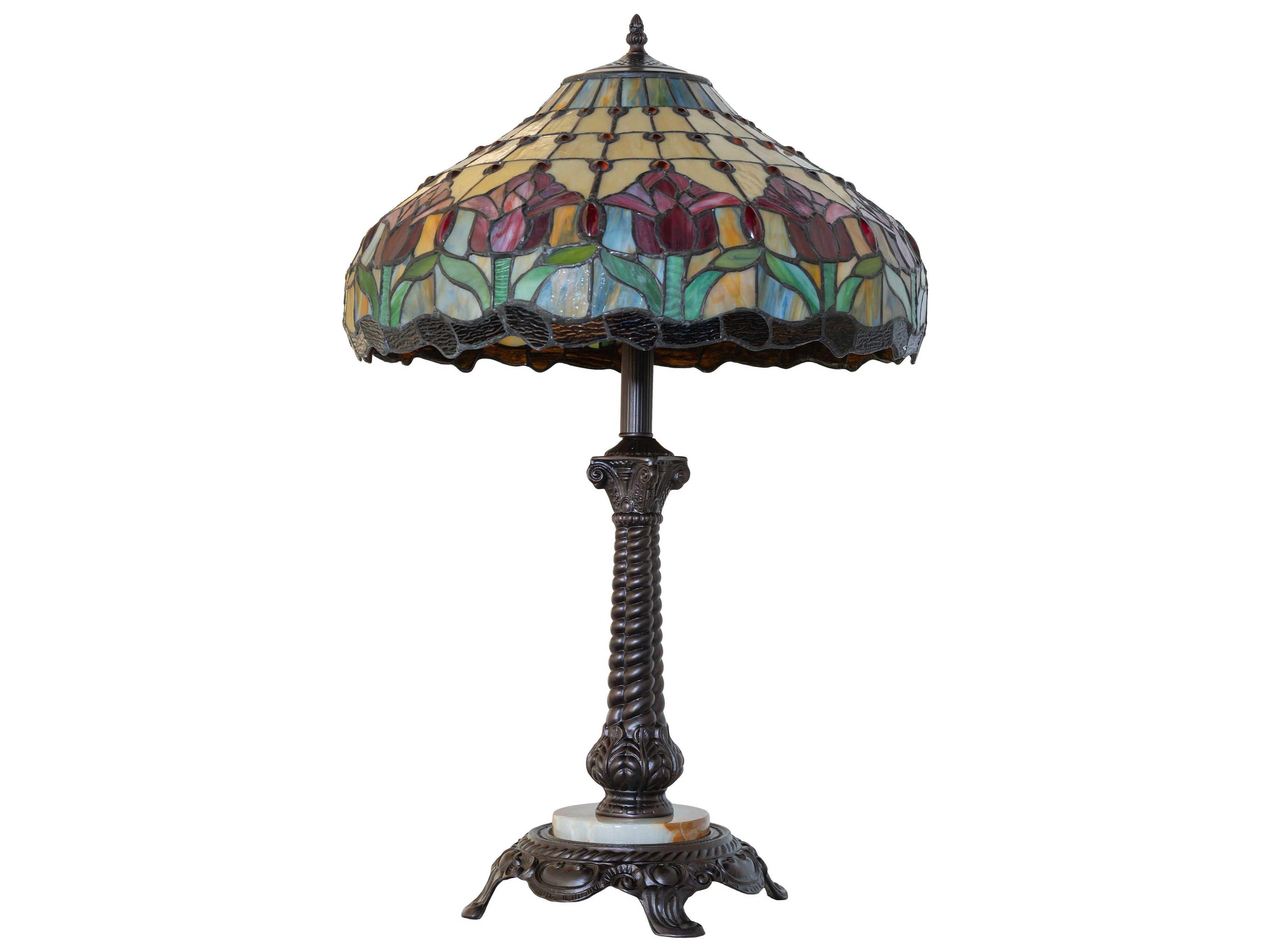 Meyda Colonial Tulip Mahogany Bronze Ruby Amber Glass Tiffany Buffet Lamp