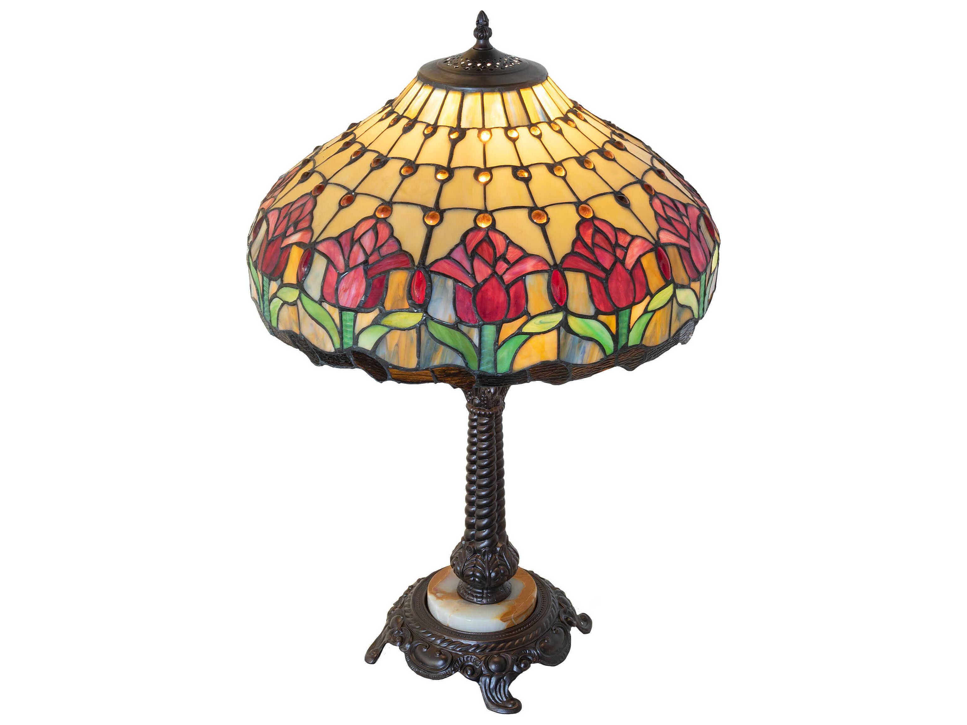 Meyda Colonial Tulip Mahogany Bronze Ruby Amber Glass Tiffany Buffet Lamp