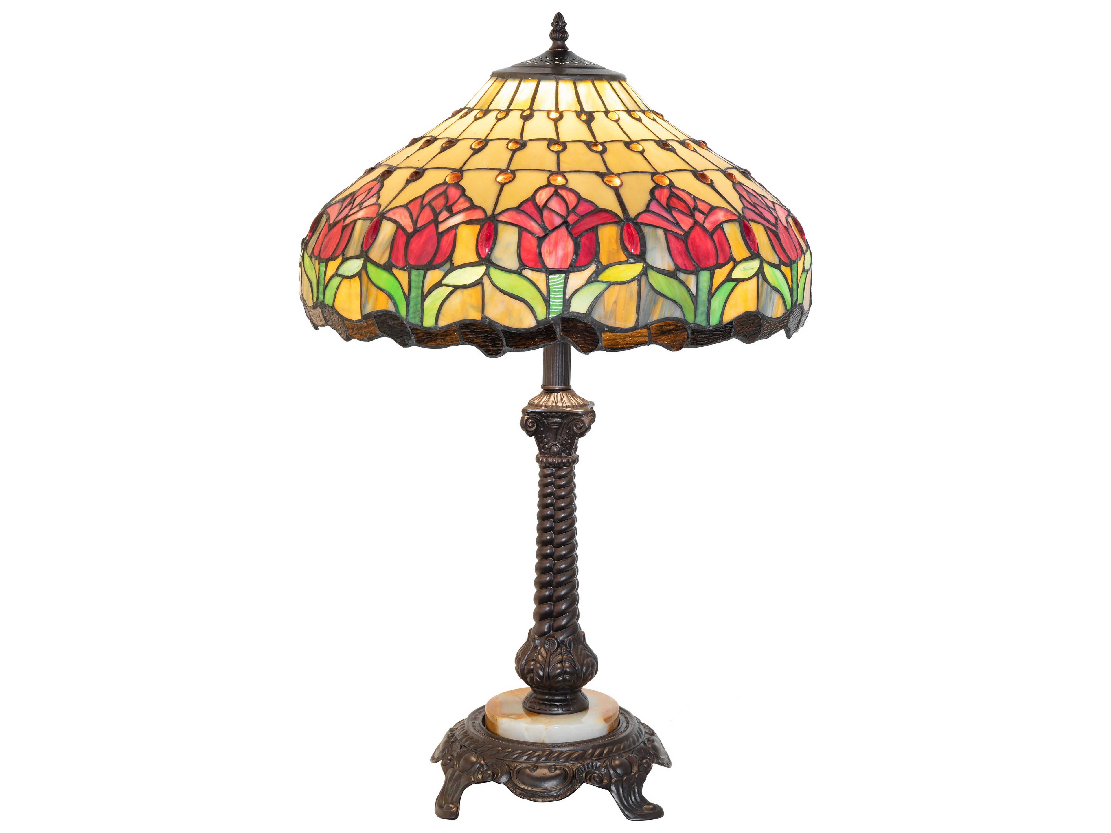Meyda Colonial Tulip Mahogany Bronze Ruby Amber Glass Tiffany Buffet Lamp