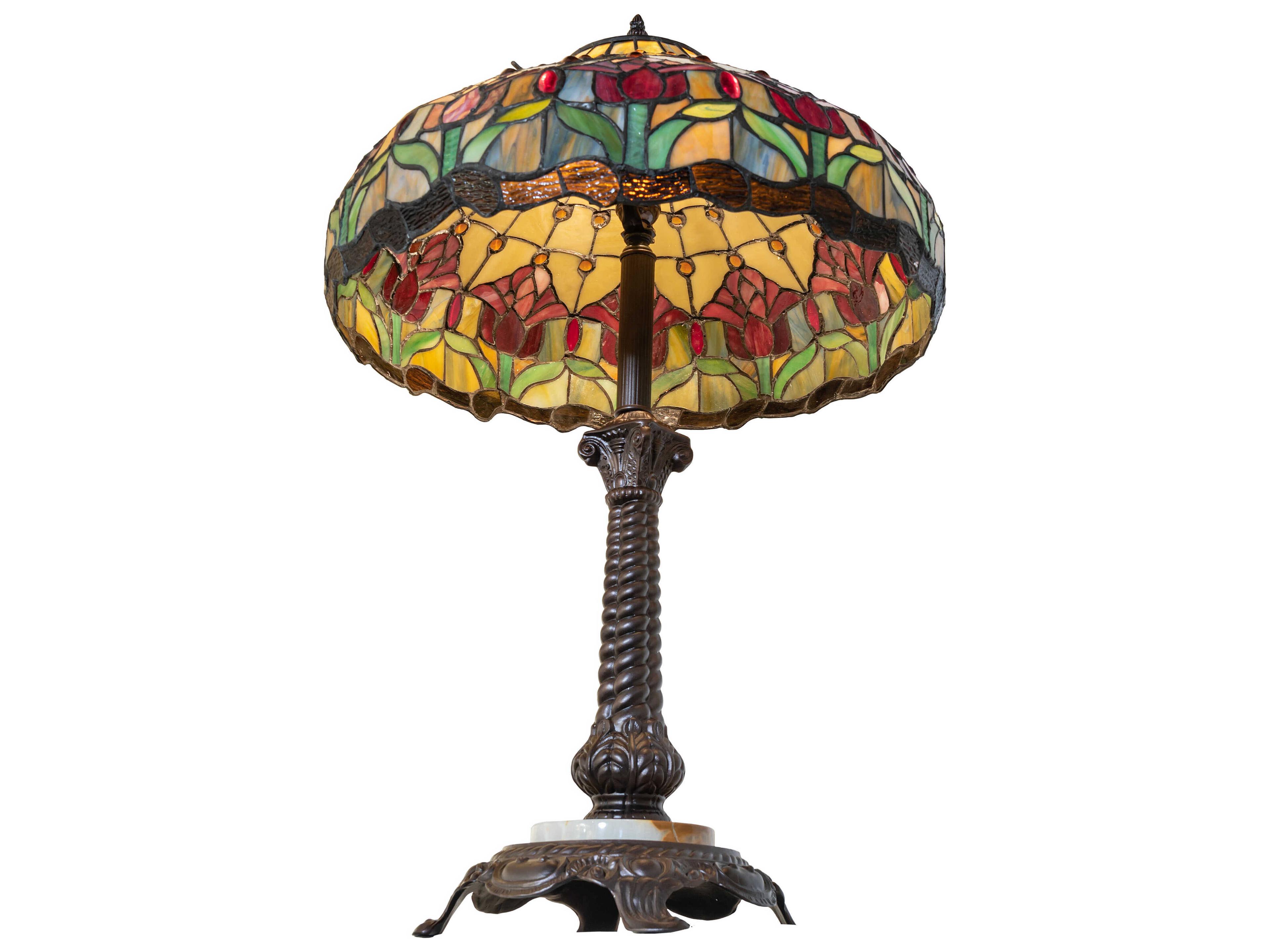 Meyda Colonial Tulip Mahogany Bronze Ruby Amber Glass Tiffany Buffet Lamp
