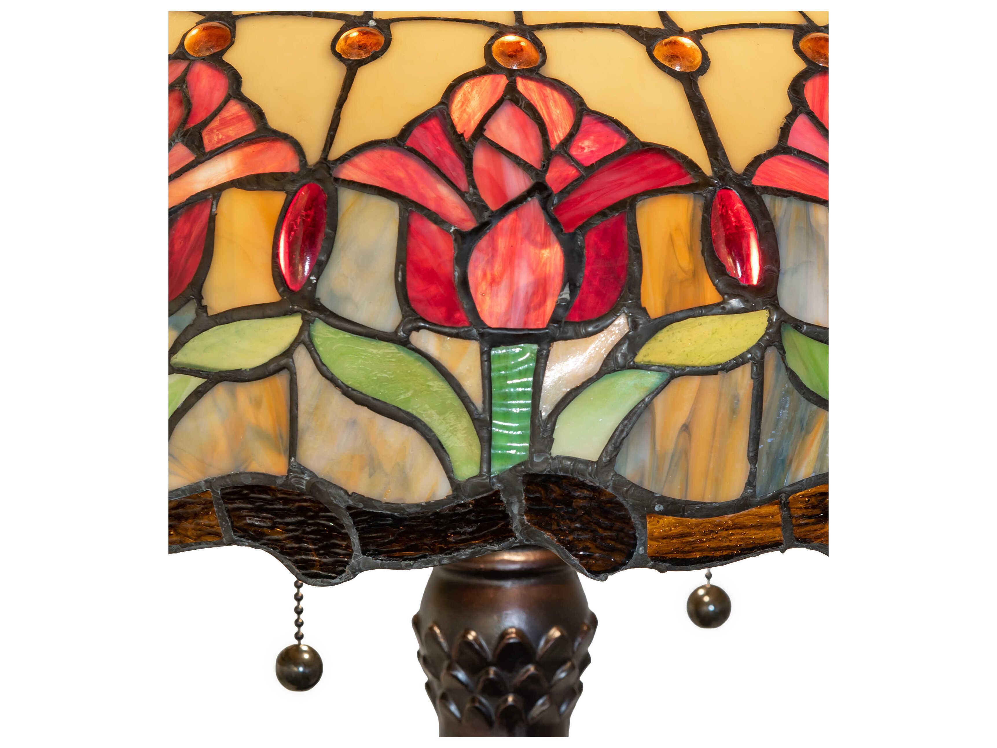 Meyda Colonial Tulip Mahogany Bronze Ruby Amber Glass Tiffany Buffet Lamp
